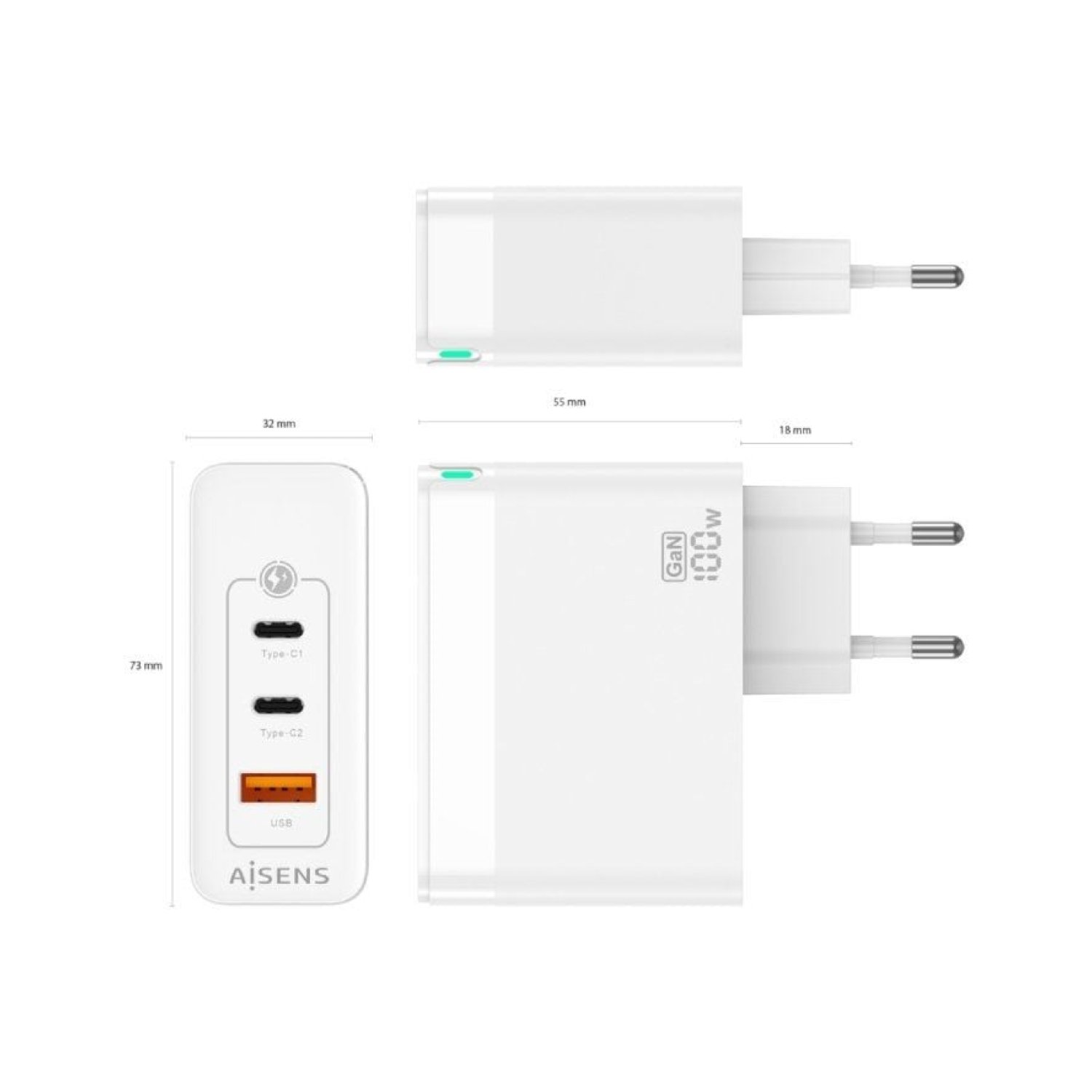 Aisens Cargador GaN 100W · 2xUSB-C + USB · Pared Rápido