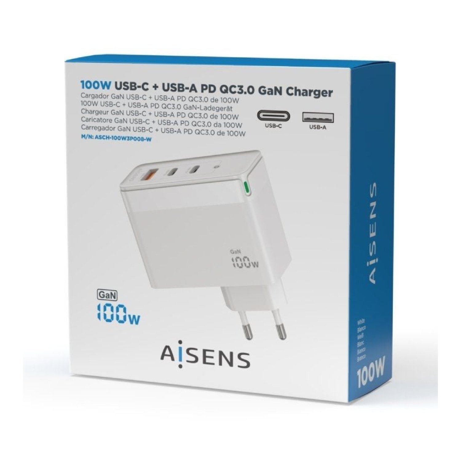 Aisens Cargador GaN 100W · 2xUSB-C + USB · Pared Rápido