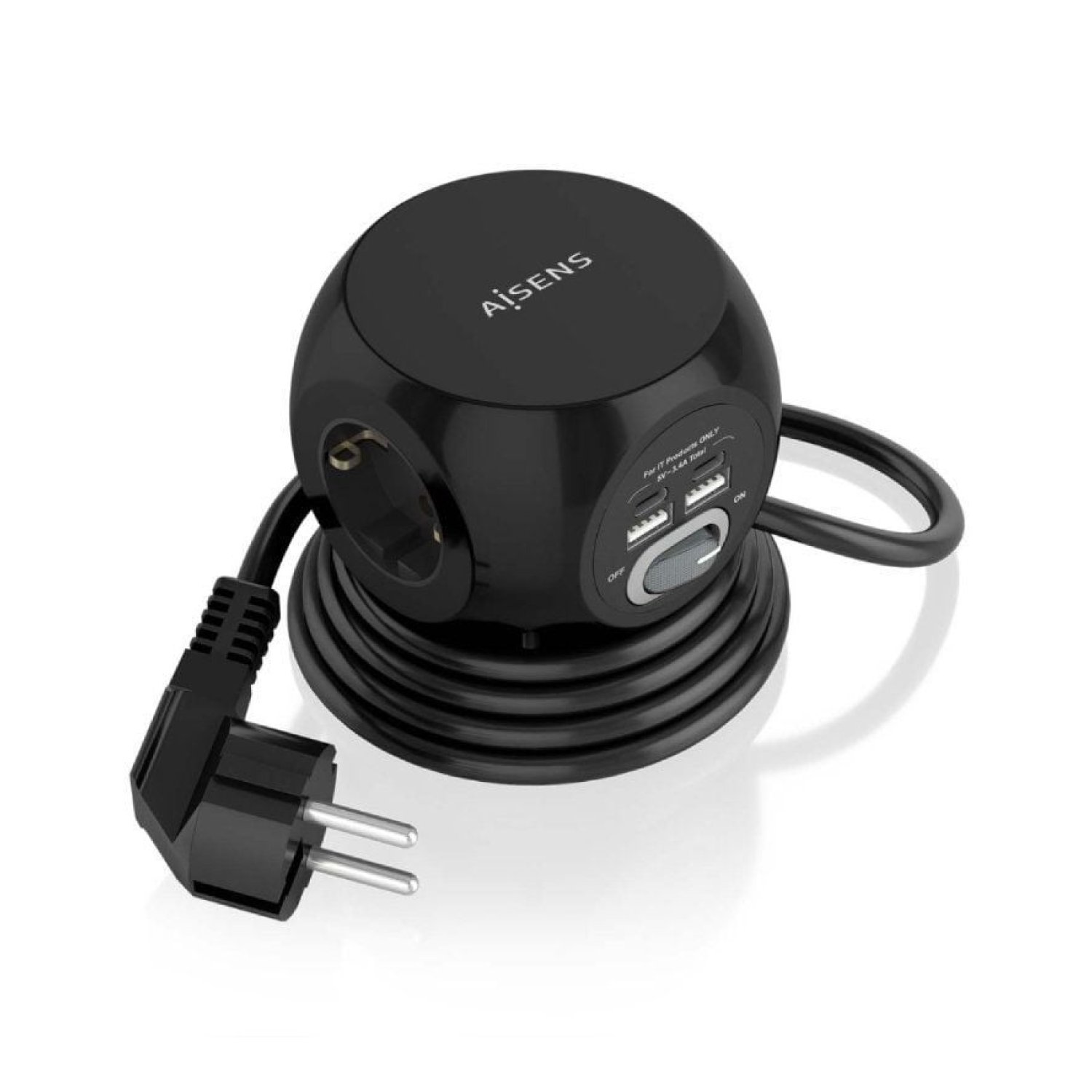 Aisens · Regleta con Interruptor · 3 Tomas + 2 USB-C + 2 USB · Cable 1,4m · Negro