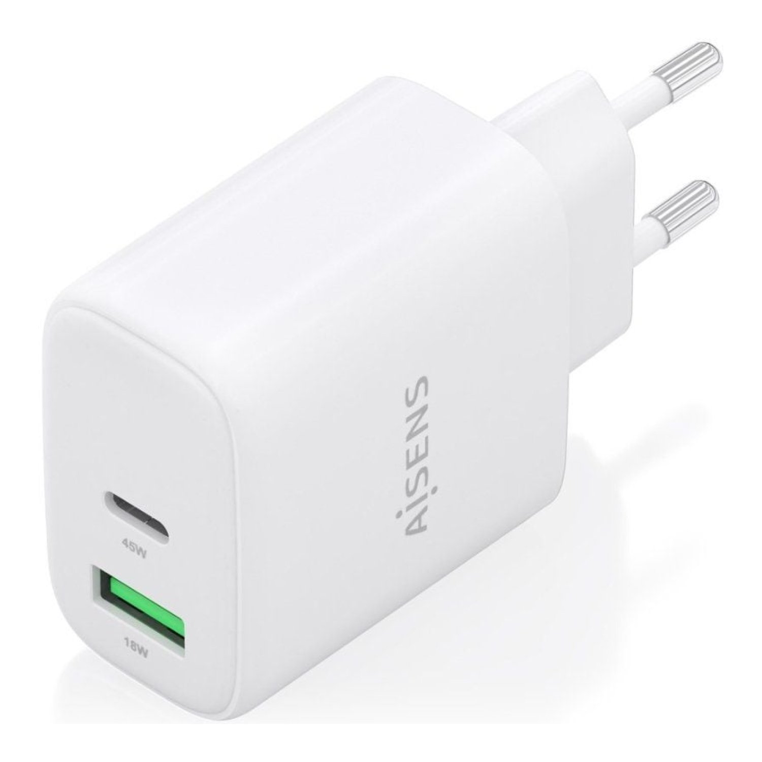 Aisens Cargador GaN 45W · 1 USB-C + 1 USB · Blanco