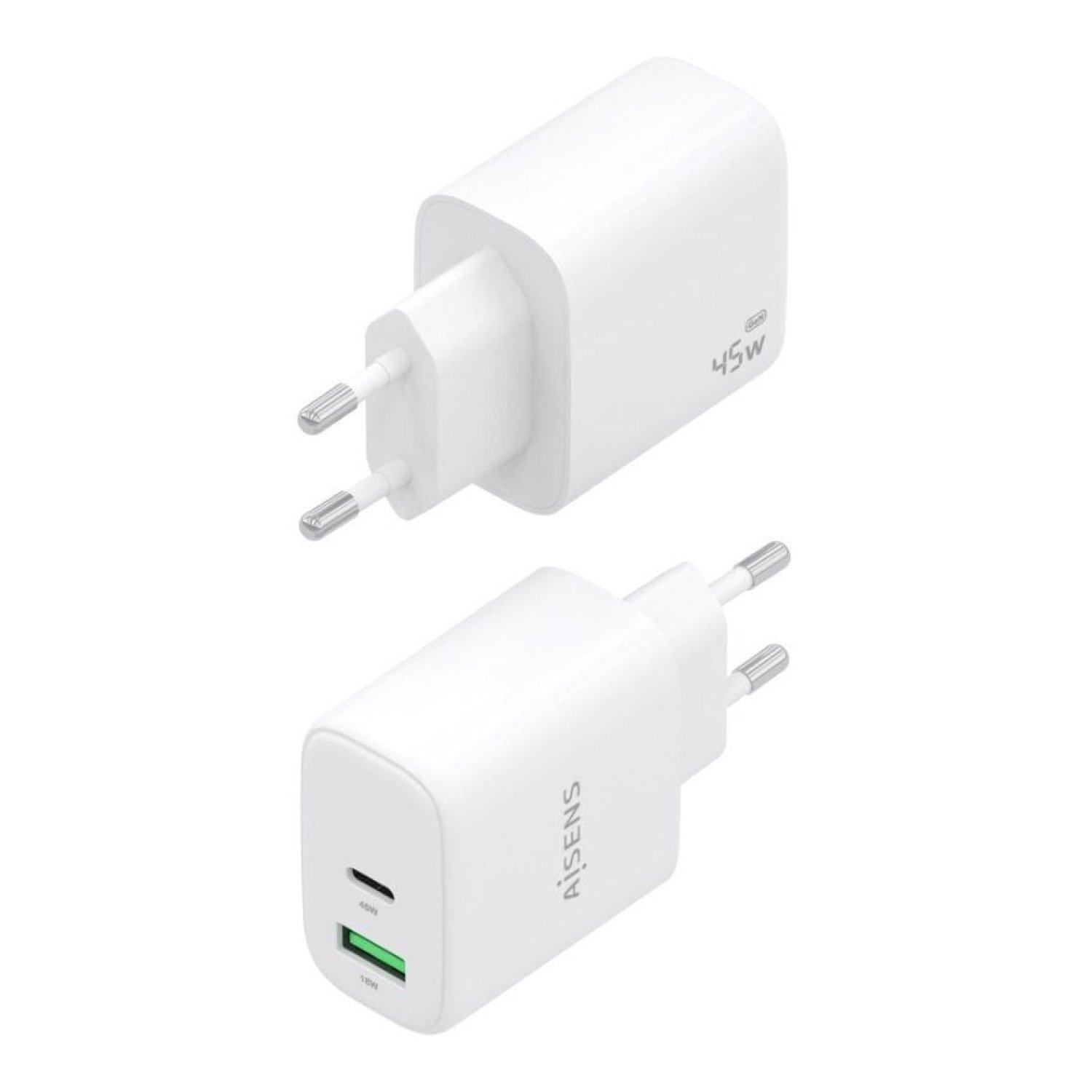 Aisens Cargador GaN 45W · 1 USB-C + 1 USB · Blanco