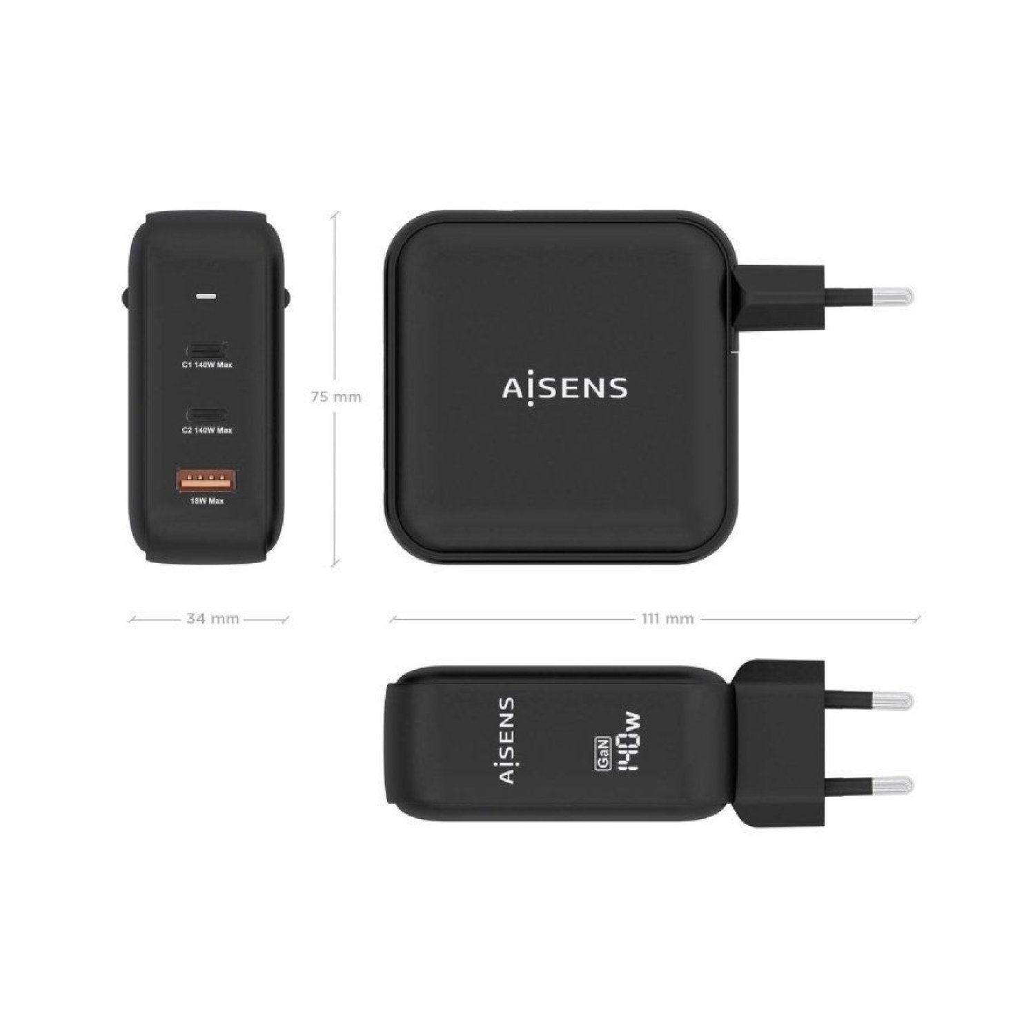 Aisens · Cargador GaN 140W · 2 USB-C + 1 USB · Carga Rápida Múltiple