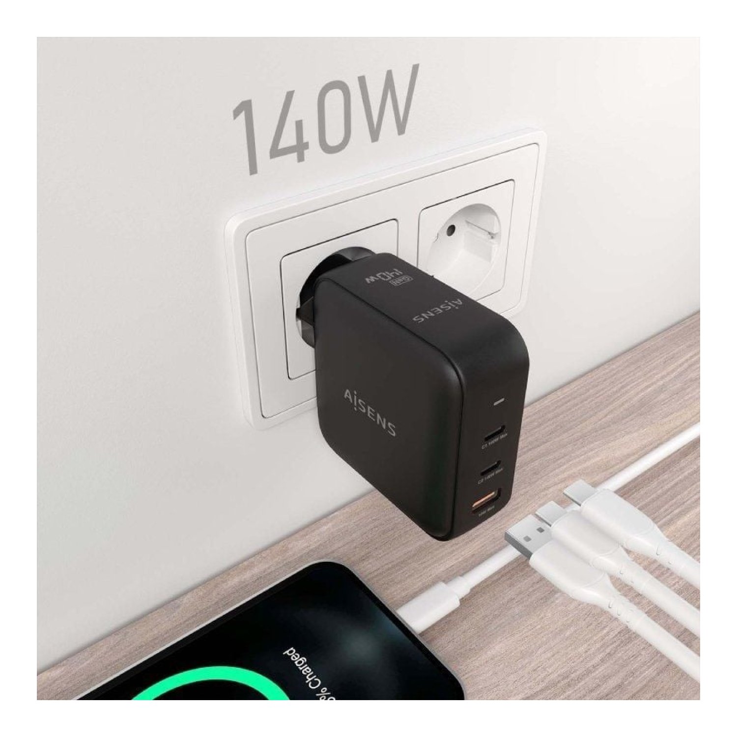 Aisens · Cargador GaN 140W · 2 USB-C + 1 USB · Carga Rápida Múltiple