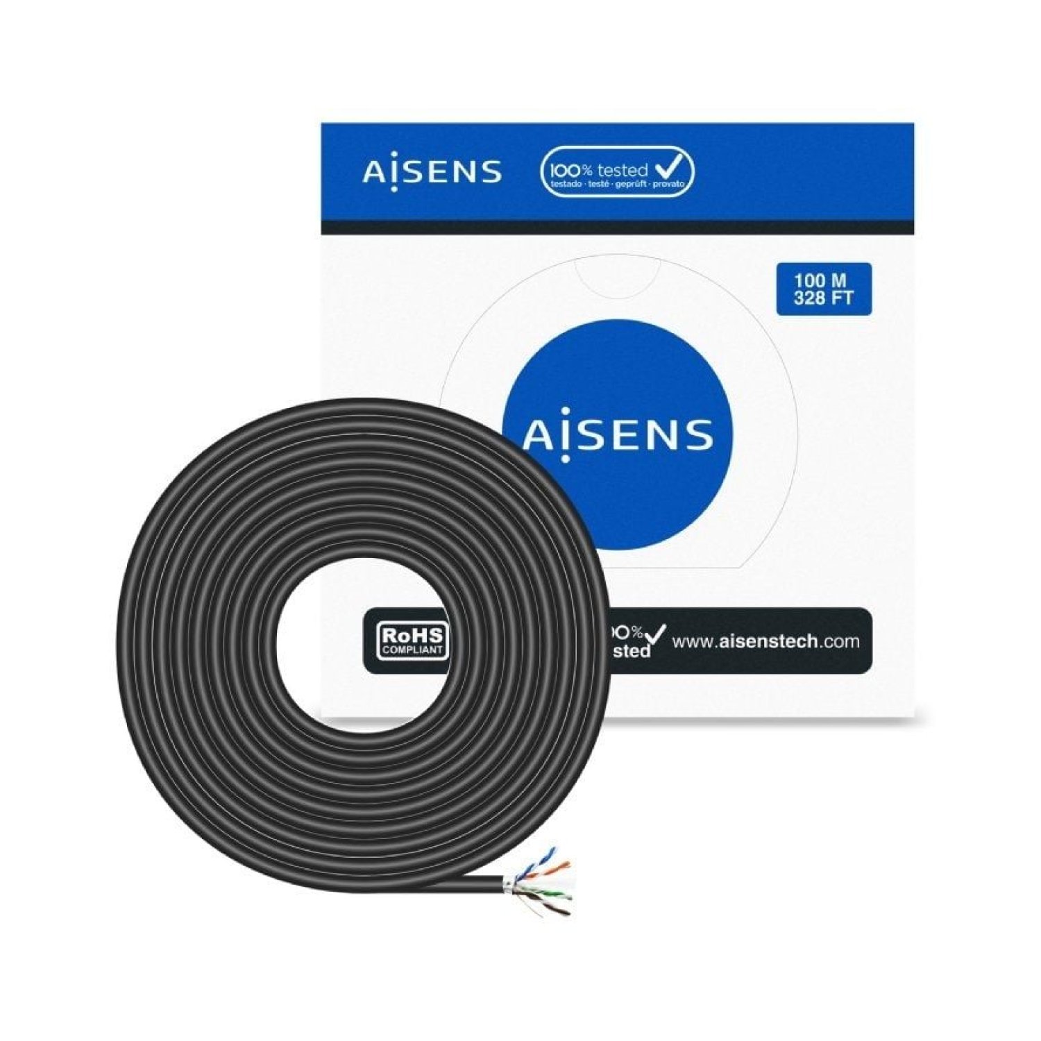 Aisens · Bobina Cable RJ45 Cat.6 FTP · 100m · AWG24 · Impermeable · Negro