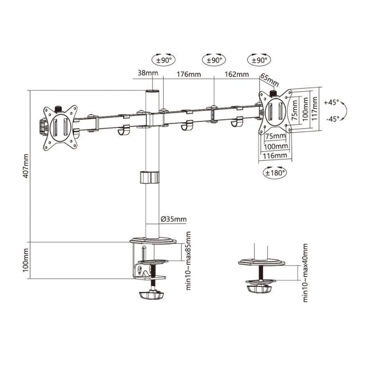 Aisens DT32TSR · Soporte Giratorio 2 Monitores · Hasta 9kg · Inclinable