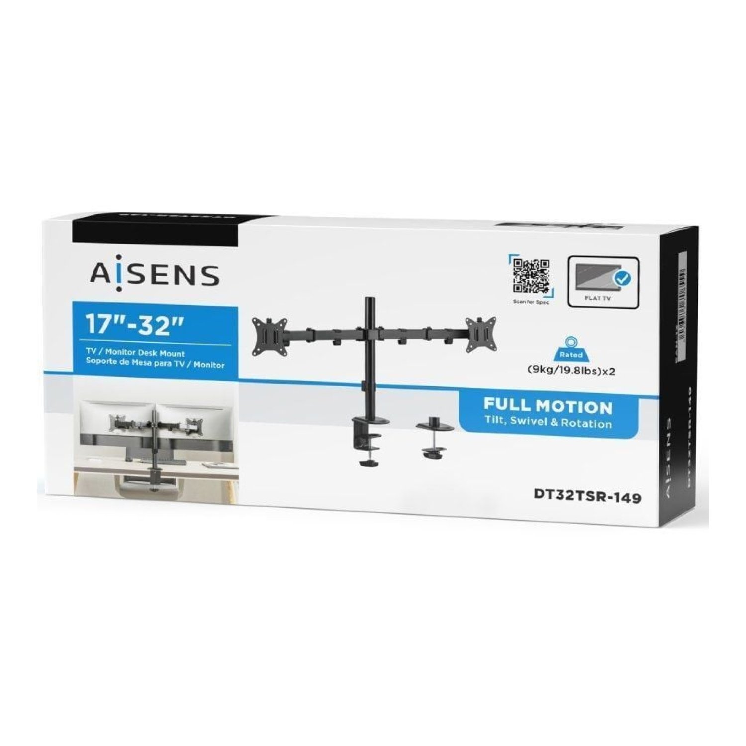 Aisens DT32TSR · Soporte Giratorio 2 Monitores · Hasta 9kg · Inclinable