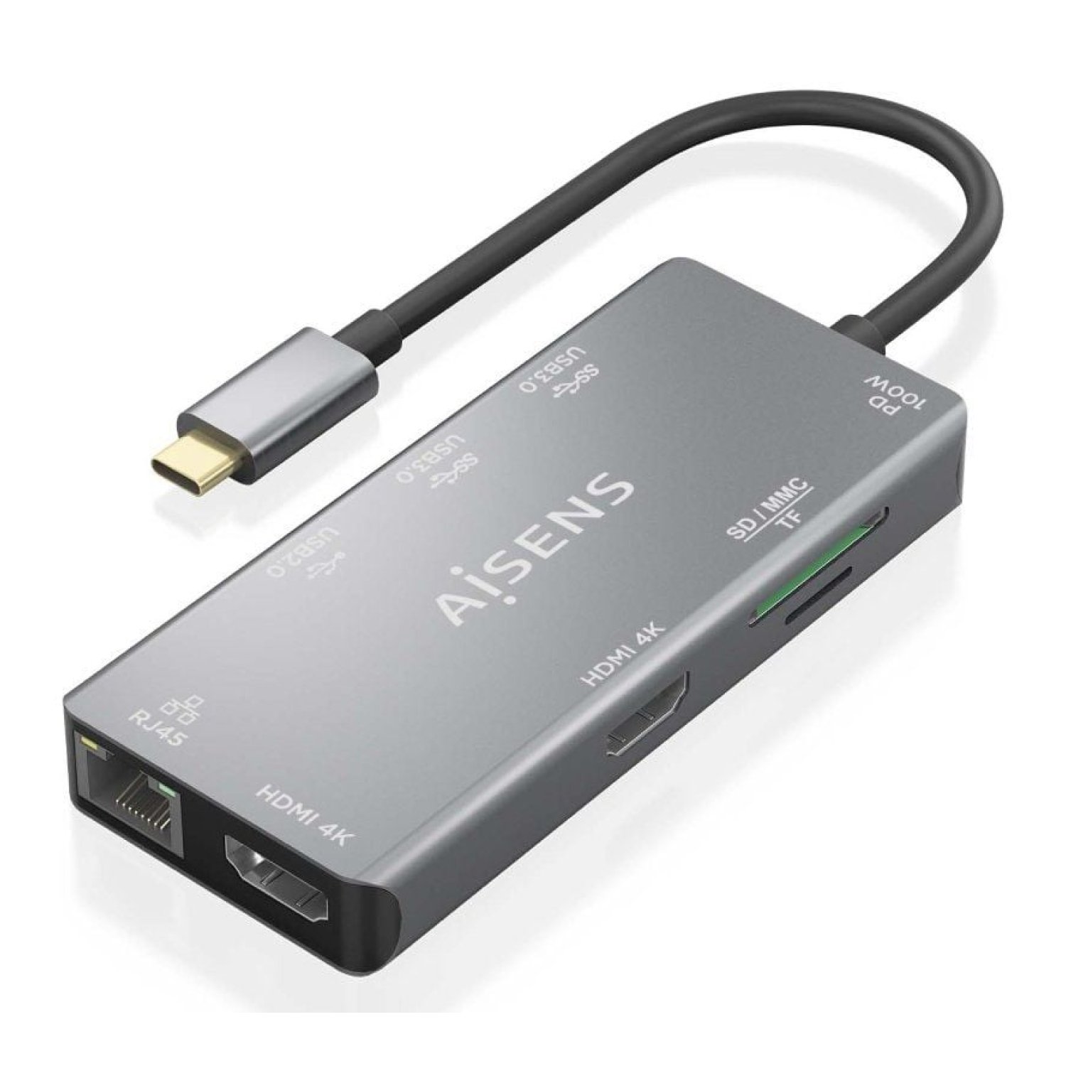 Aisens Docking USB-C · 2xHDMI 4K · 3xUSB · Ethernet · Lector Tarjetas · PD · Gris