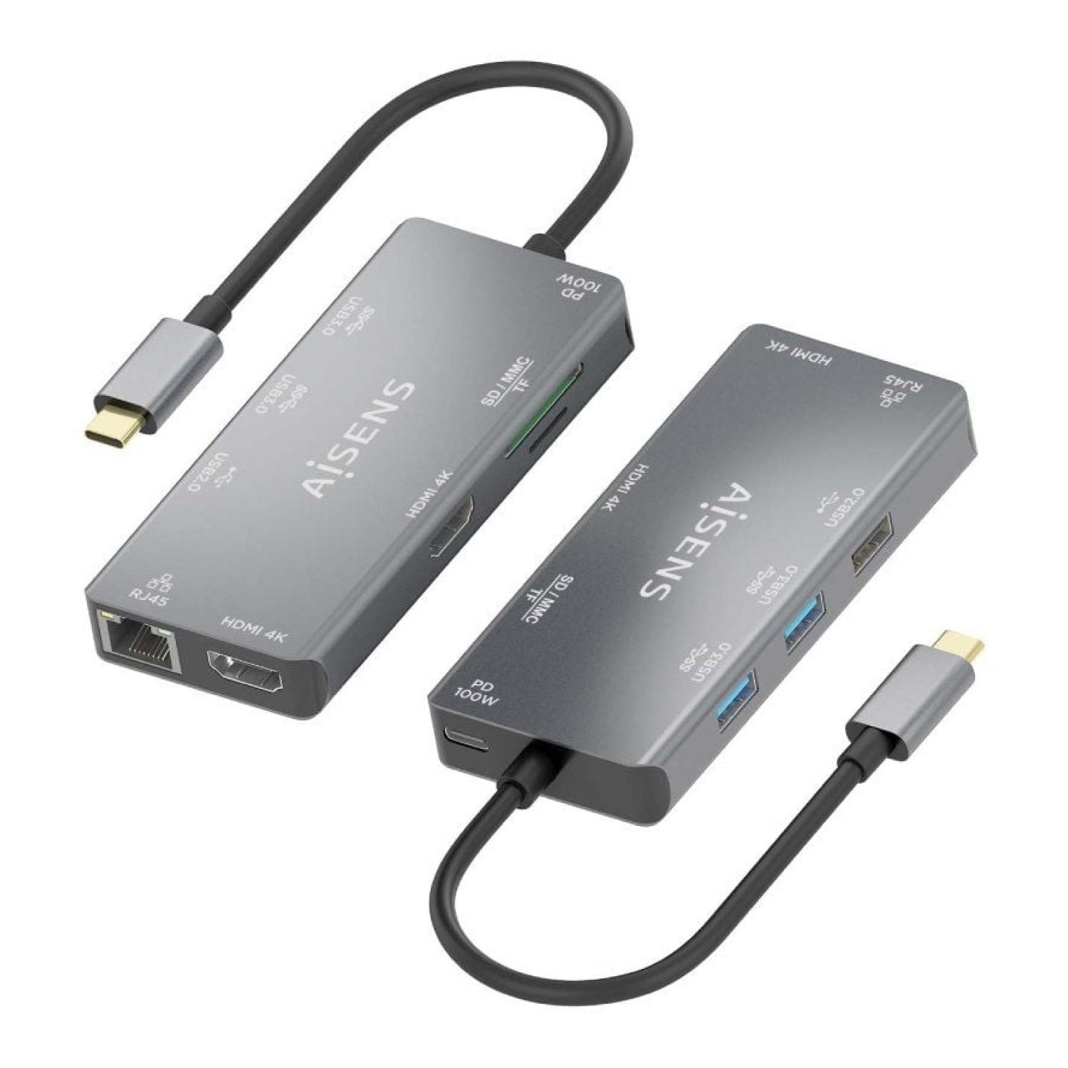 Aisens Docking USB-C · 2xHDMI 4K · 3xUSB · Ethernet · Lector Tarjetas · PD · Gris