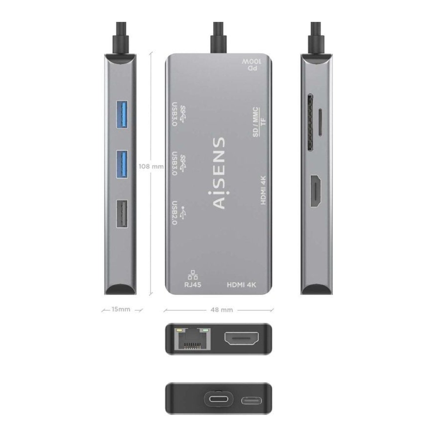 Aisens Docking USB-C · 2xHDMI 4K · 3xUSB · Ethernet · Lector Tarjetas · PD · Gris