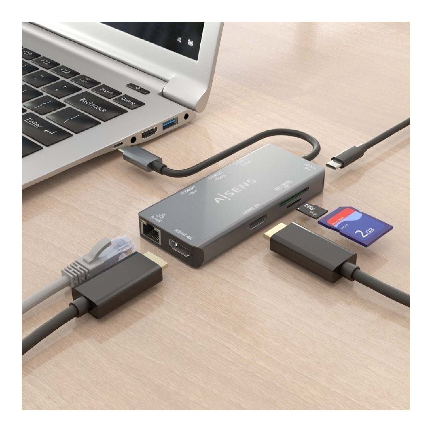 Aisens Docking USB-C · 2xHDMI 4K · 3xUSB · Ethernet · Lector Tarjetas · PD · Gris