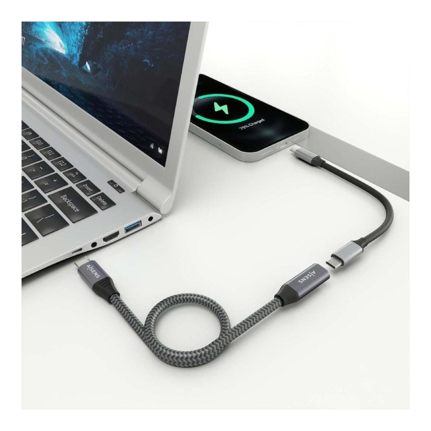 Cable Alargador USB 3.2 Aisens A107-0760/ USB Tipo-C Macho - USB Tipo-C Hembra/ Hasta 100W/ 20Gbps/ 50cm/ Gris