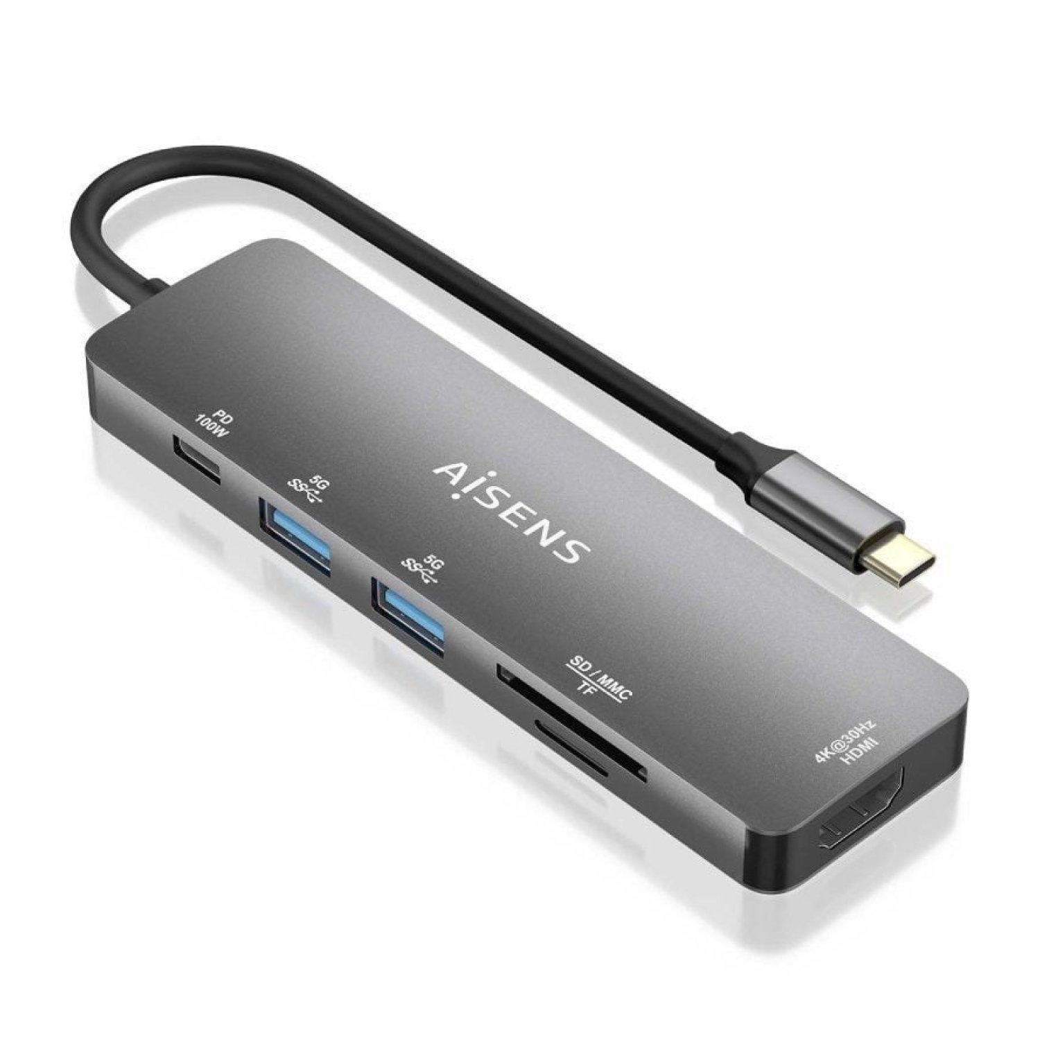 Aisens Docking USB-C · HDMI 4K · 2xUSB · Lector Tarjetas · PD 60W · Gris