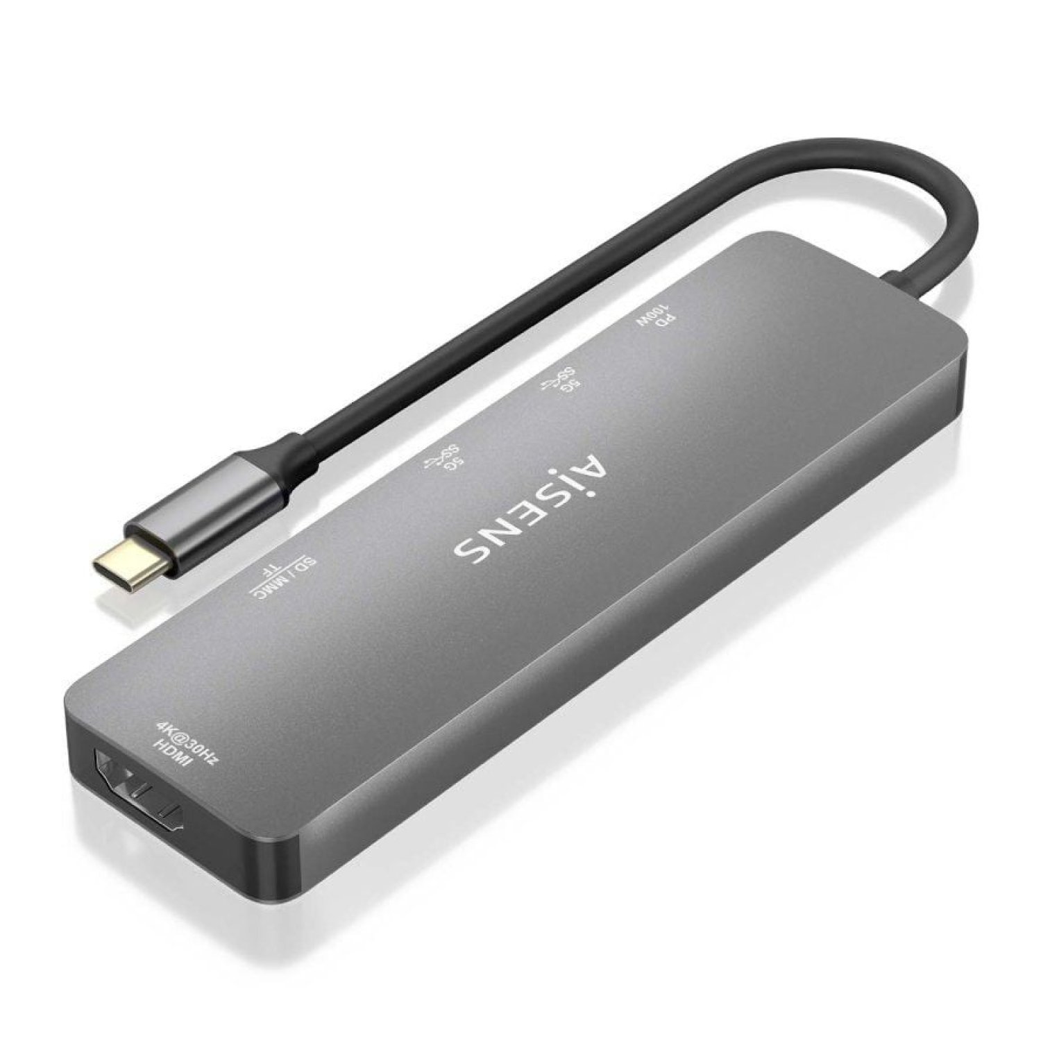 Aisens Docking USB-C · HDMI 4K · 2xUSB · Lector Tarjetas · PD 60W · Gris