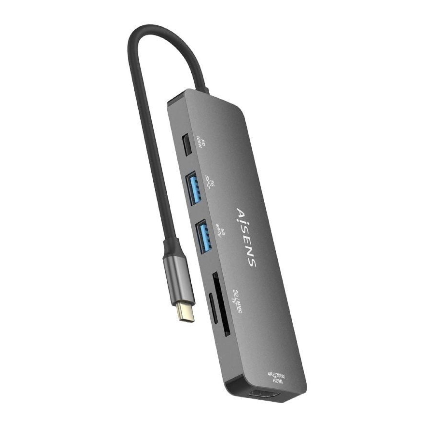 Aisens Docking USB-C · HDMI 4K · 2xUSB · Lector Tarjetas · PD 60W · Gris