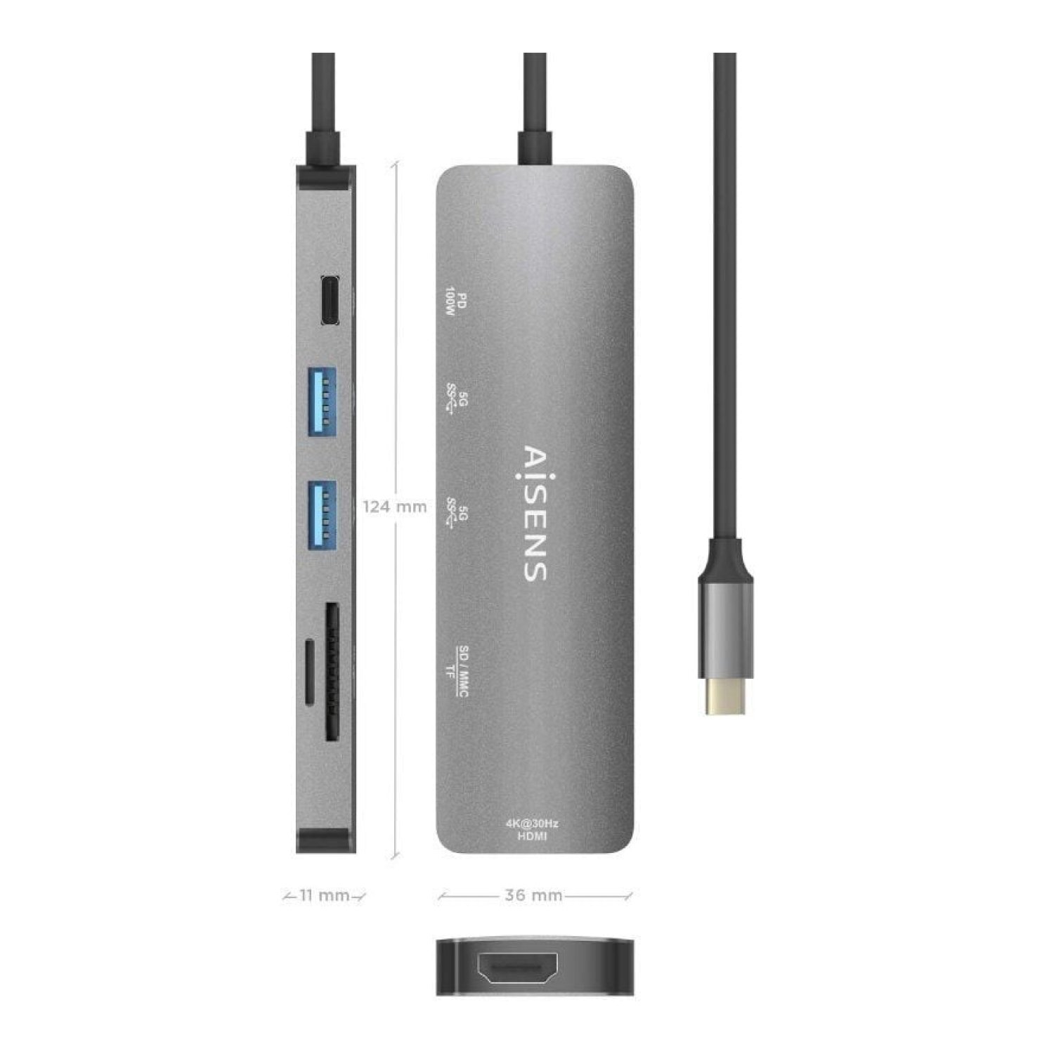 Aisens Docking USB-C · HDMI 4K · 2xUSB · Lector Tarjetas · PD 60W · Gris