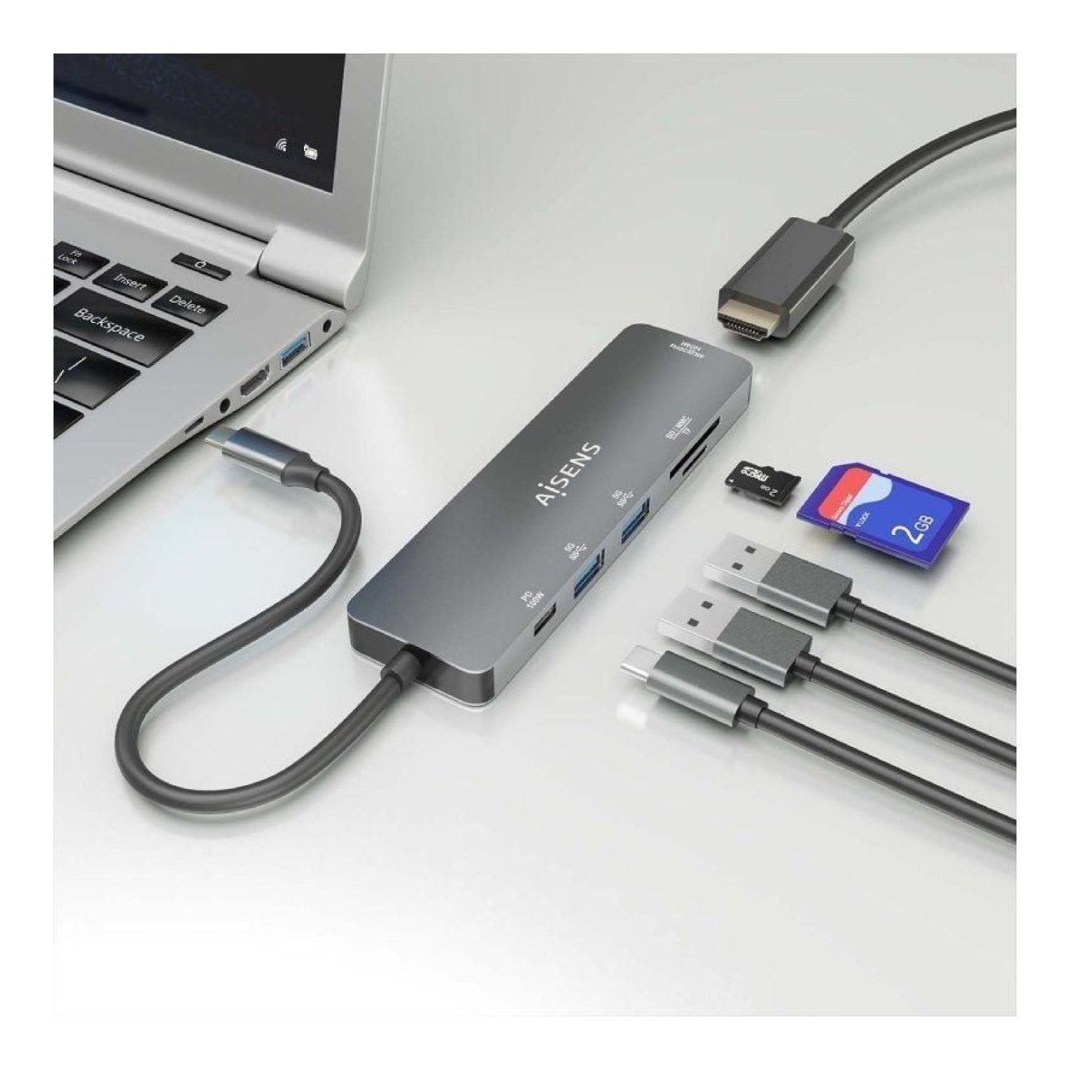 Aisens Docking USB-C · HDMI 4K · 2xUSB · Lector Tarjetas · PD 60W · Gris