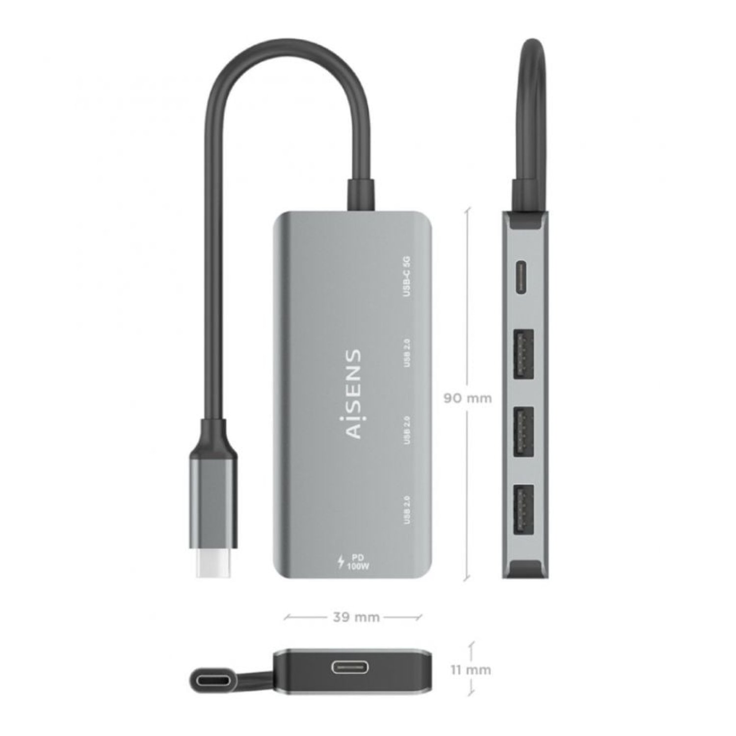 Aisens Hub USB Tipo-C · 3xUSB + 1xUSB-C · Power Delivery · Gris