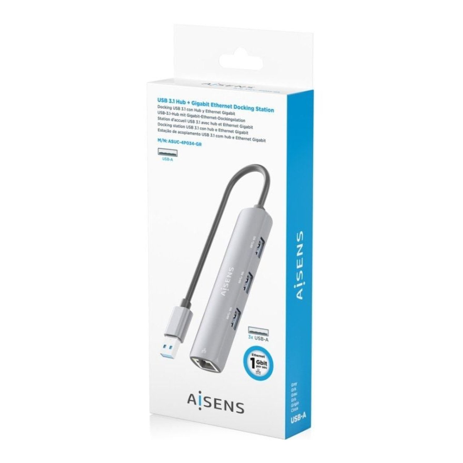 Aisens Hub USB · 3x USB · 1x RJ45 · Gris