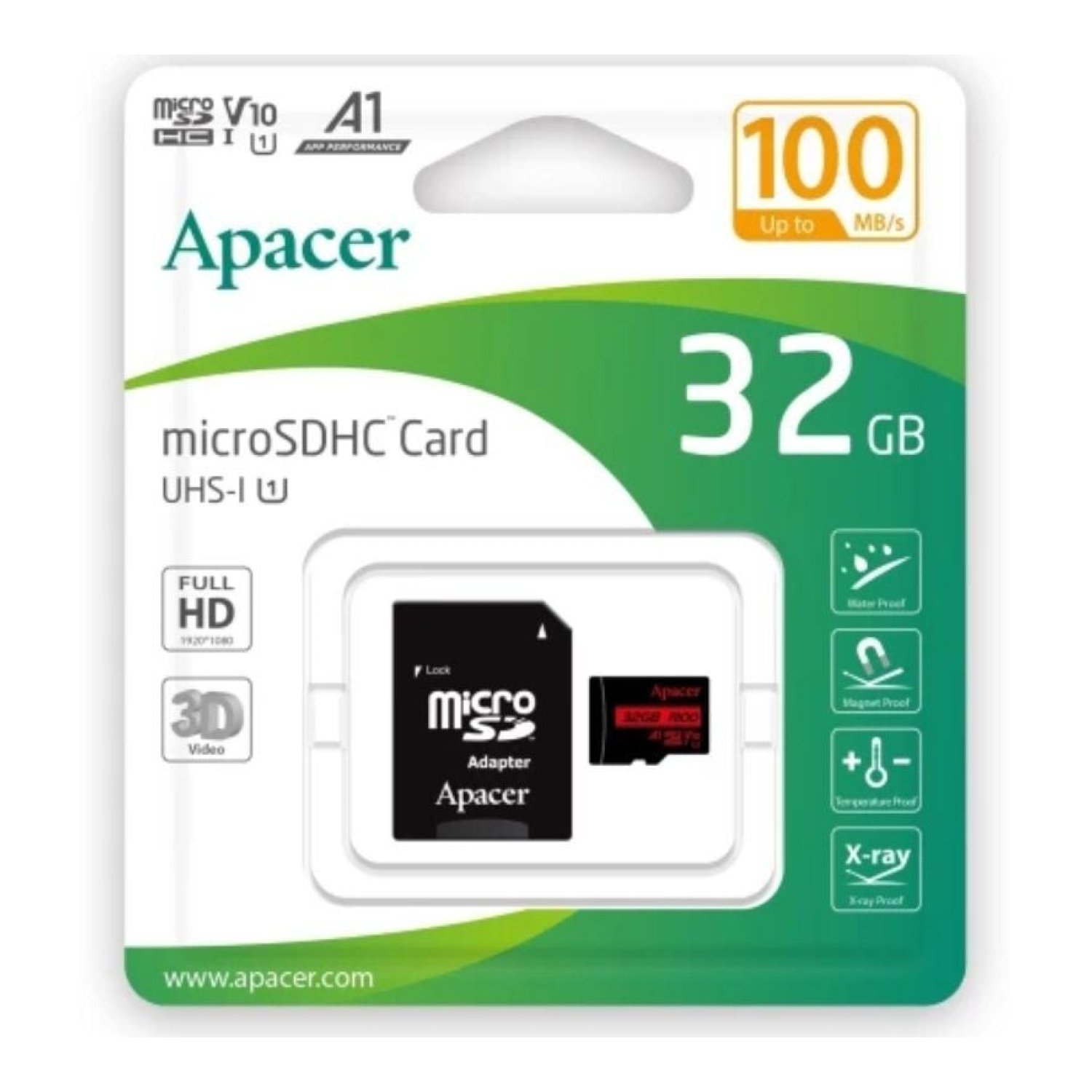 Apacer · microSD HC 32GB · Clase 10 · UHS-I · 100MB/s · Adaptador incluido