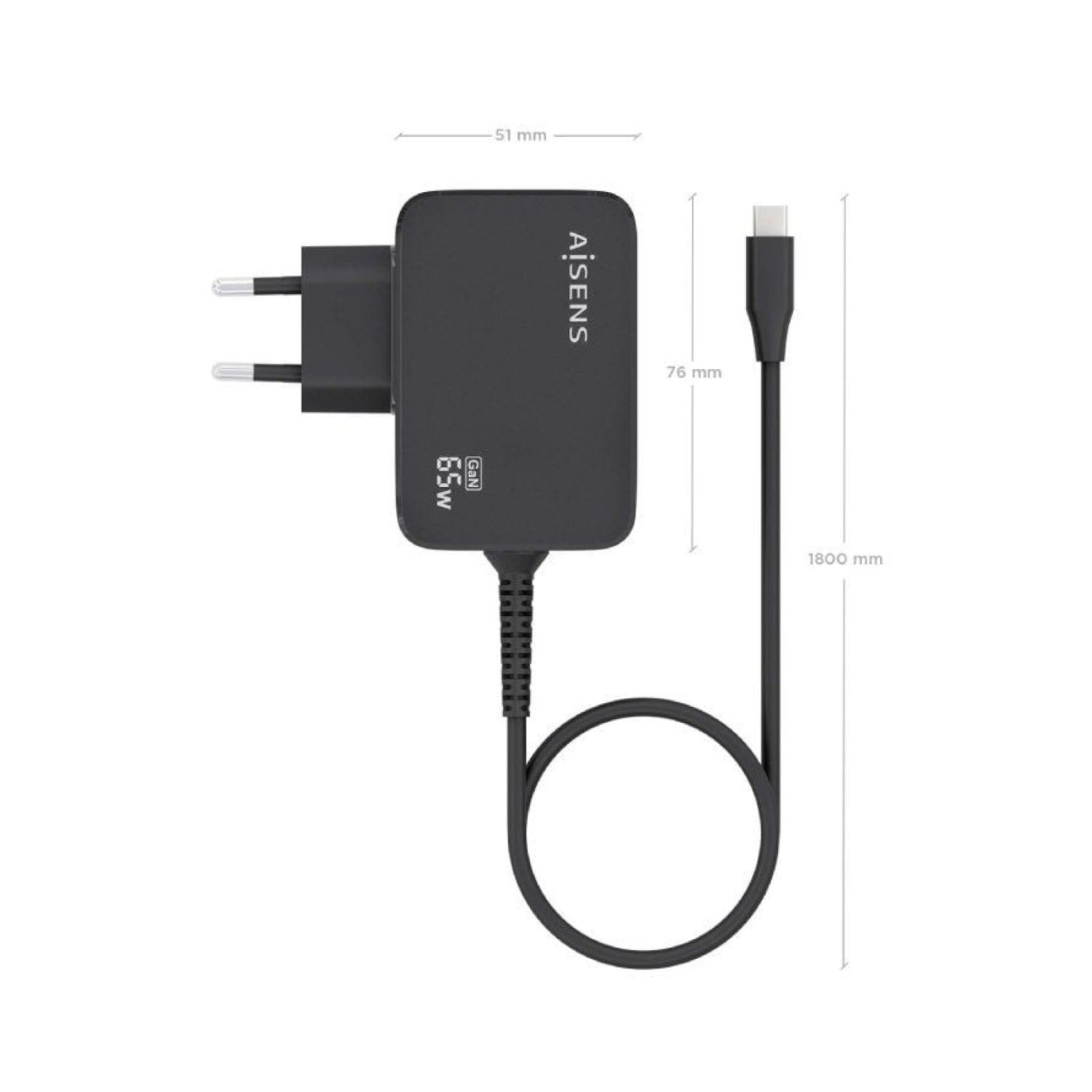 Aisens Cargador GaN · 65W USB-C · Automático 5-20V · Cable 1,8m