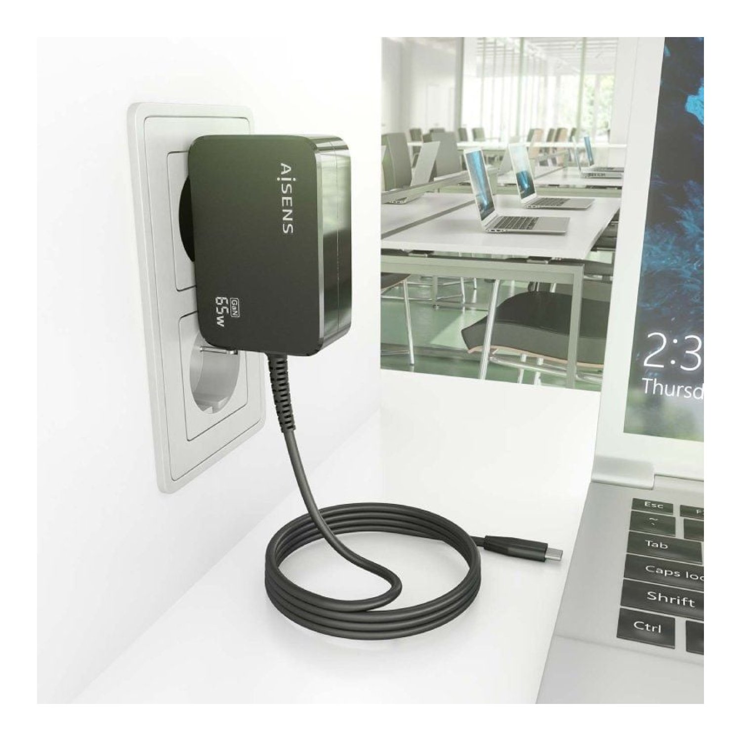 Aisens Cargador GaN · 65W USB-C · Automático 5-20V · Cable 1,8m