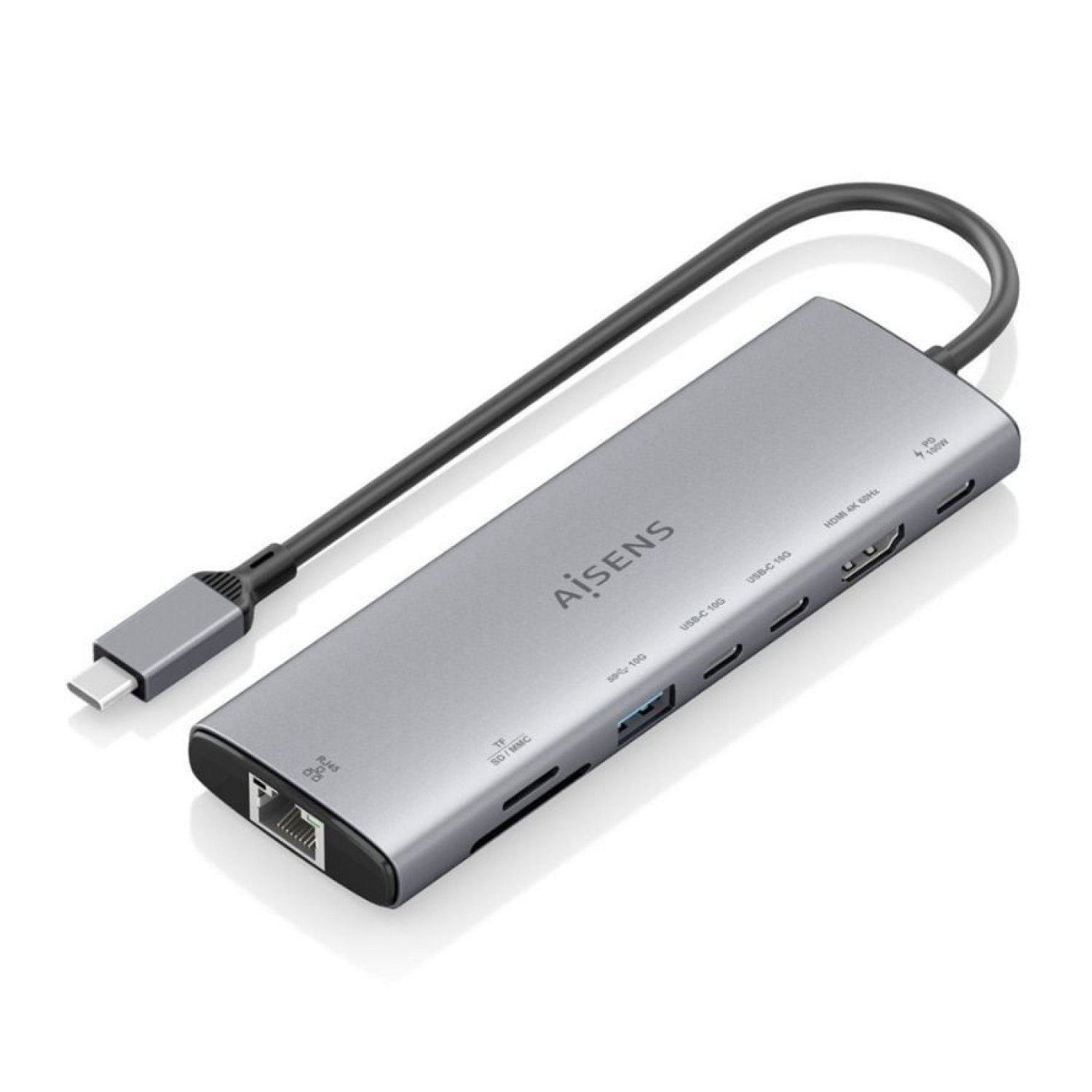 Aisens Docking USB Tipo-C · HDMI 4K · Ethernet · Lector Tarjetas · PD · Gris