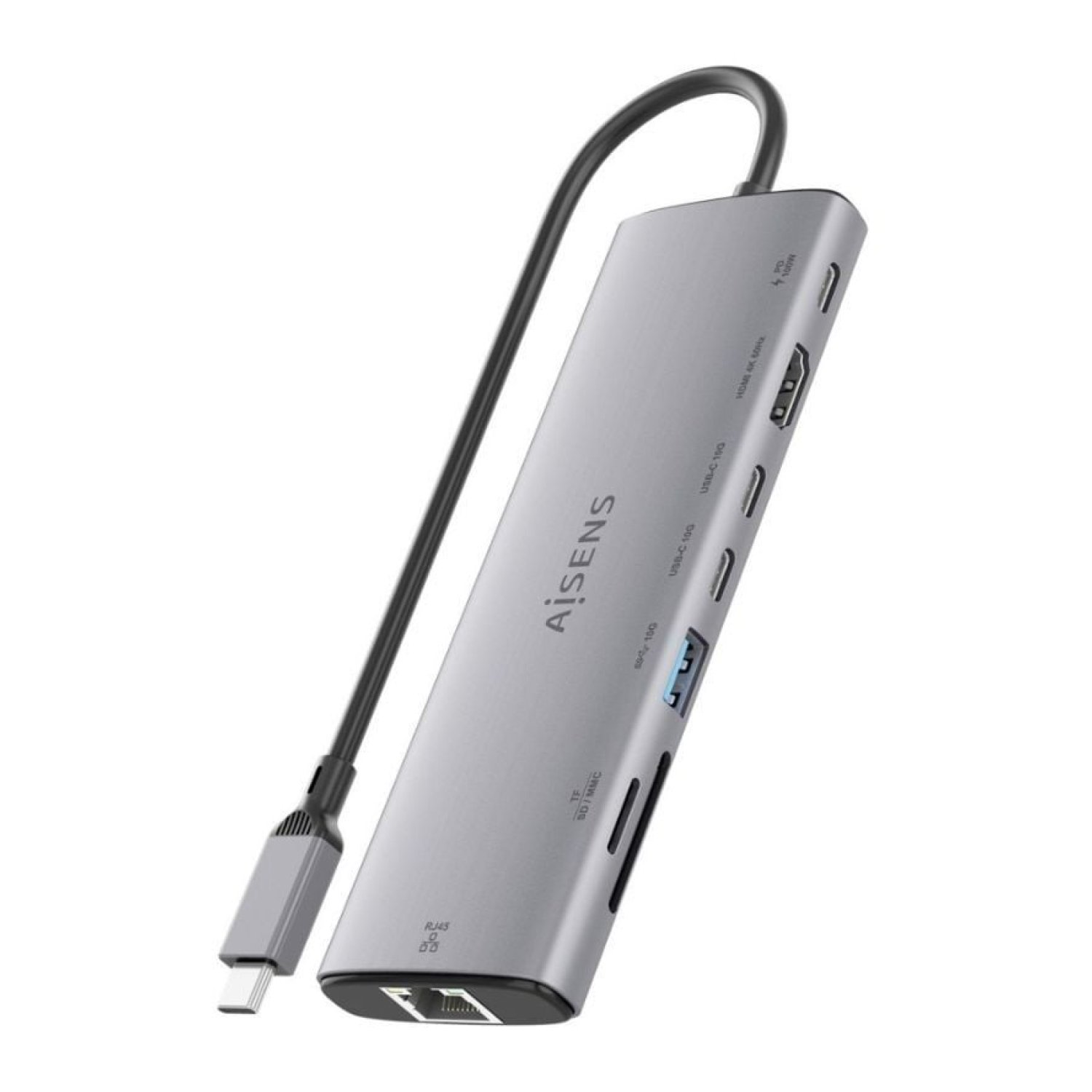 Aisens Docking USB Tipo-C · HDMI 4K · Ethernet · Lector Tarjetas · PD · Gris