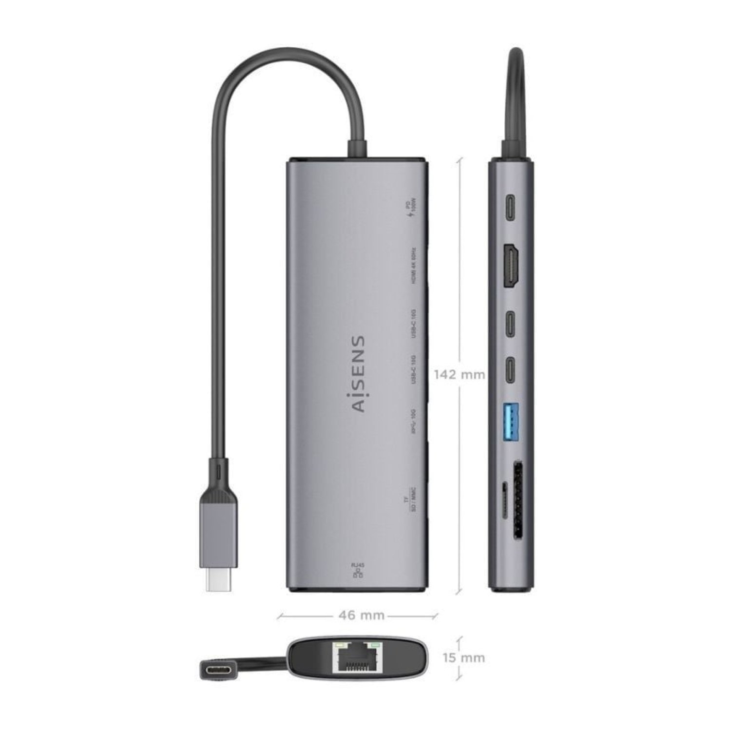 Aisens Docking USB Tipo-C · HDMI 4K · Ethernet · Lector Tarjetas · PD · Gris