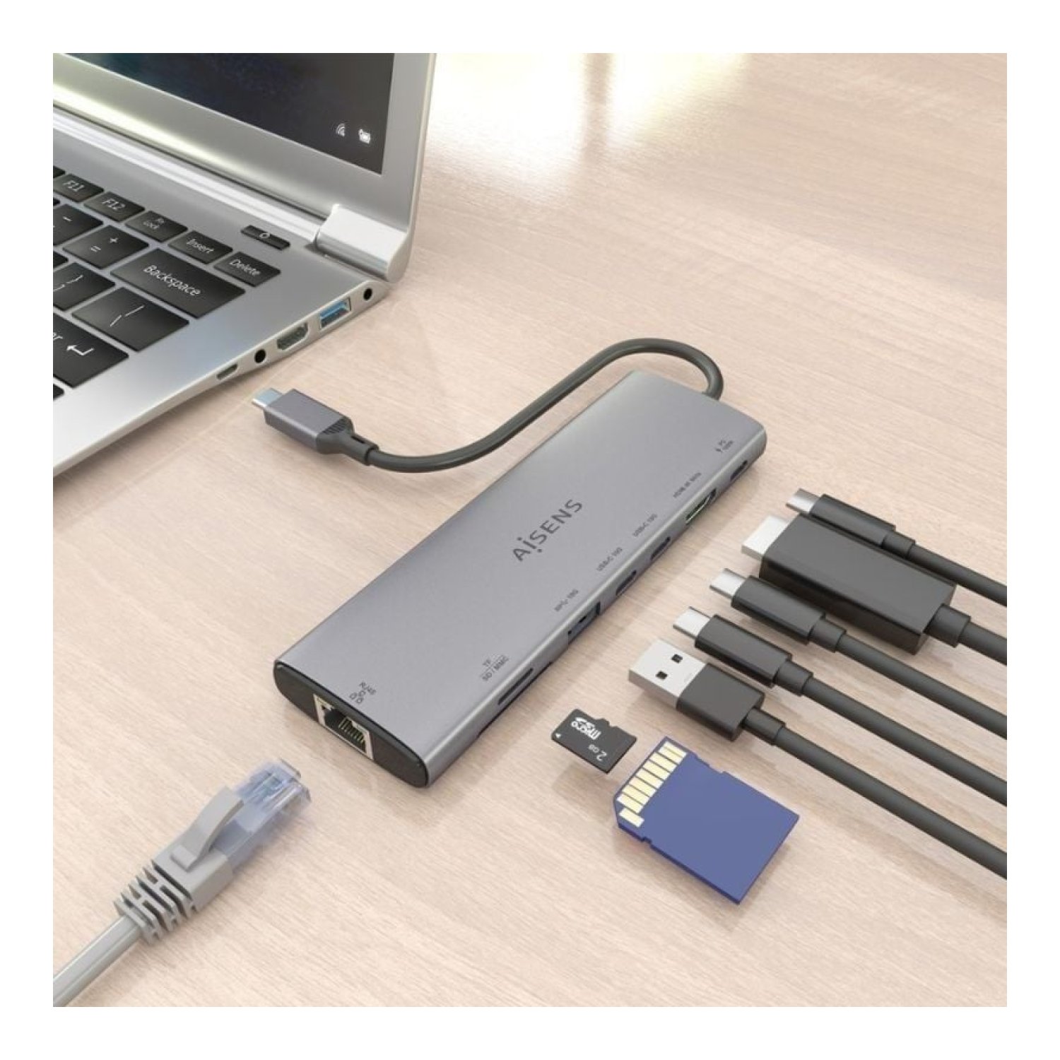 Aisens Docking USB Tipo-C · HDMI 4K · Ethernet · Lector Tarjetas · PD · Gris