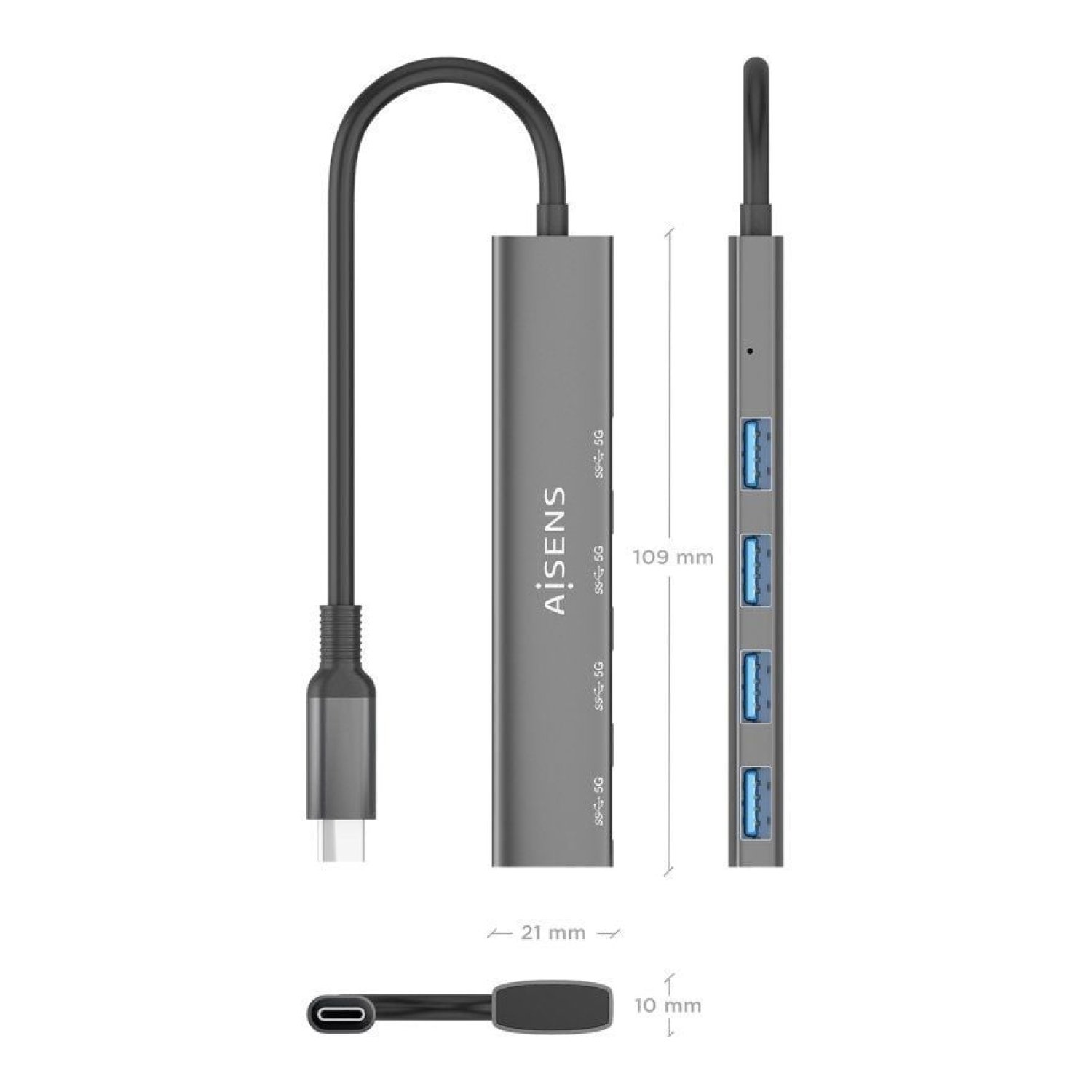 Aisens Hub USB Tipo-C 3.0 · 4 Puertos USB · Expansor Conexiones