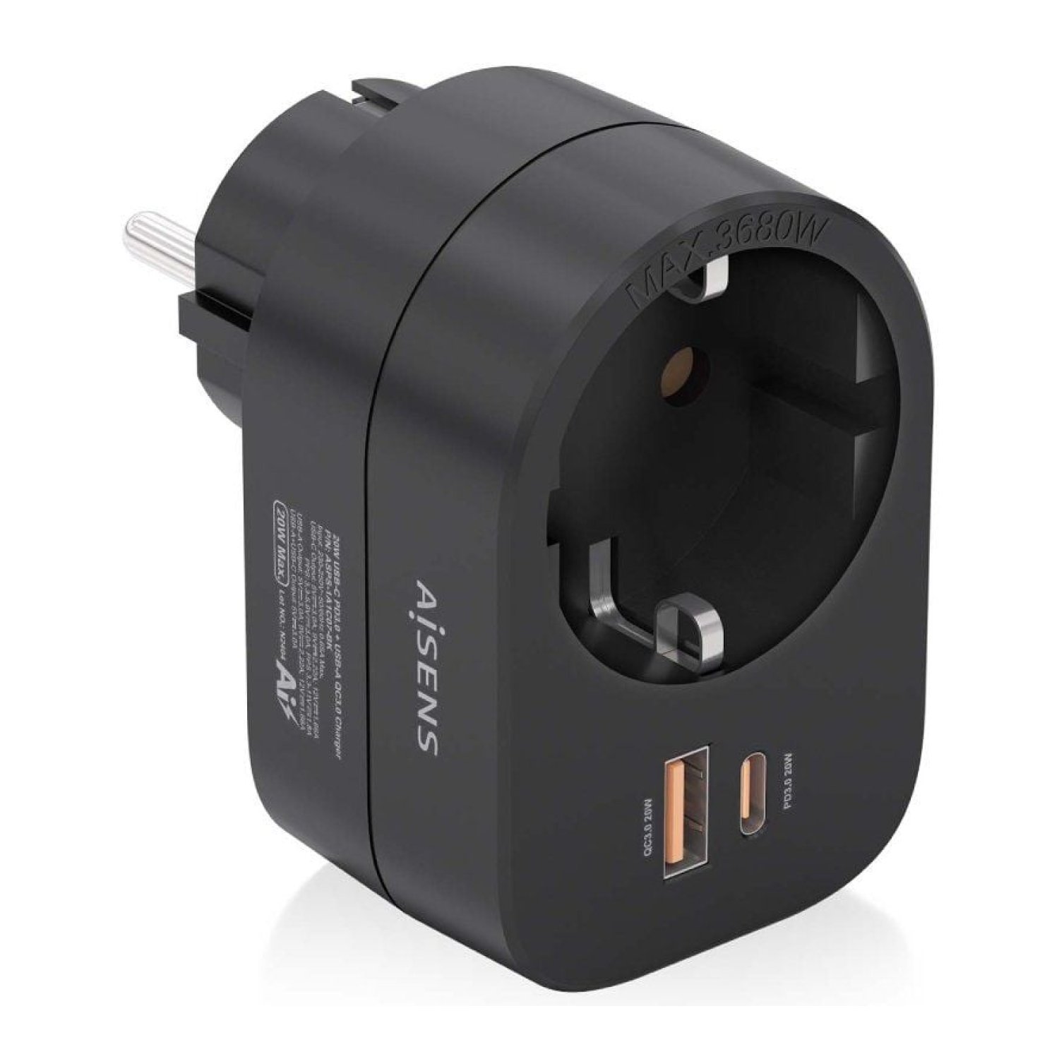 Aisens · Enchufe Regleta · 1 Toma + USB-C PD + USB · Negro