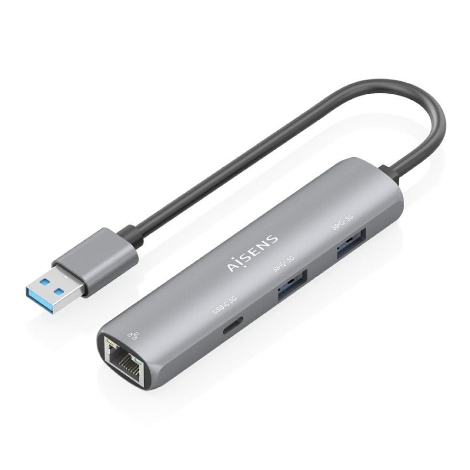 Aisens Hub USB · 1 USB-C · 2 USB 2.0 · RJ45 Ethernet · Gris