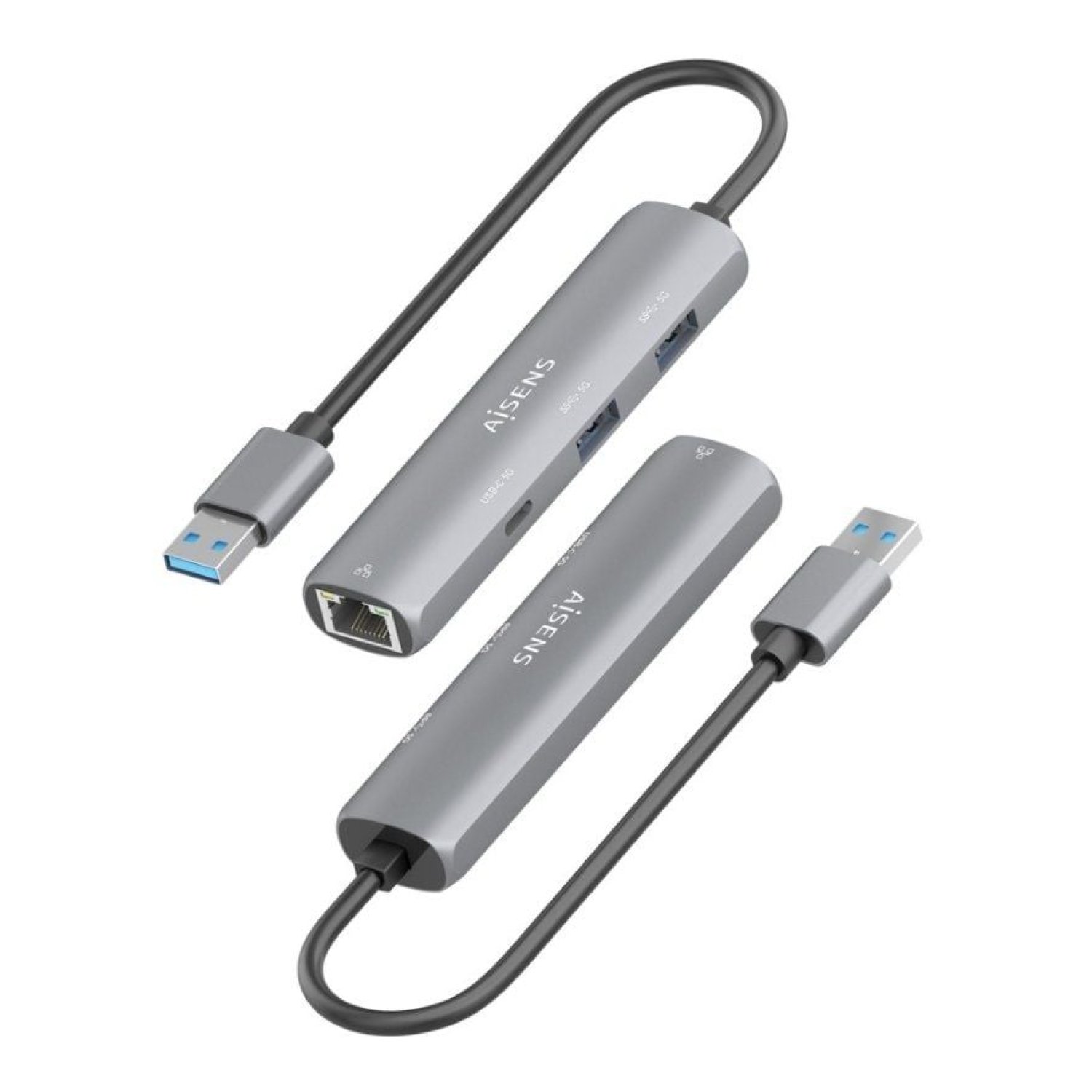 Aisens Hub USB · 1 USB-C · 2 USB 2.0 · RJ45 Ethernet · Gris