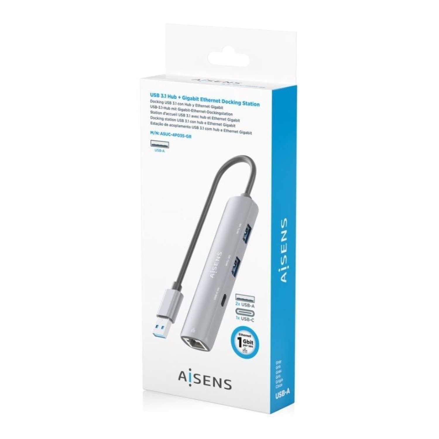 Aisens Hub USB · 1 USB-C · 2 USB 2.0 · RJ45 Ethernet · Gris