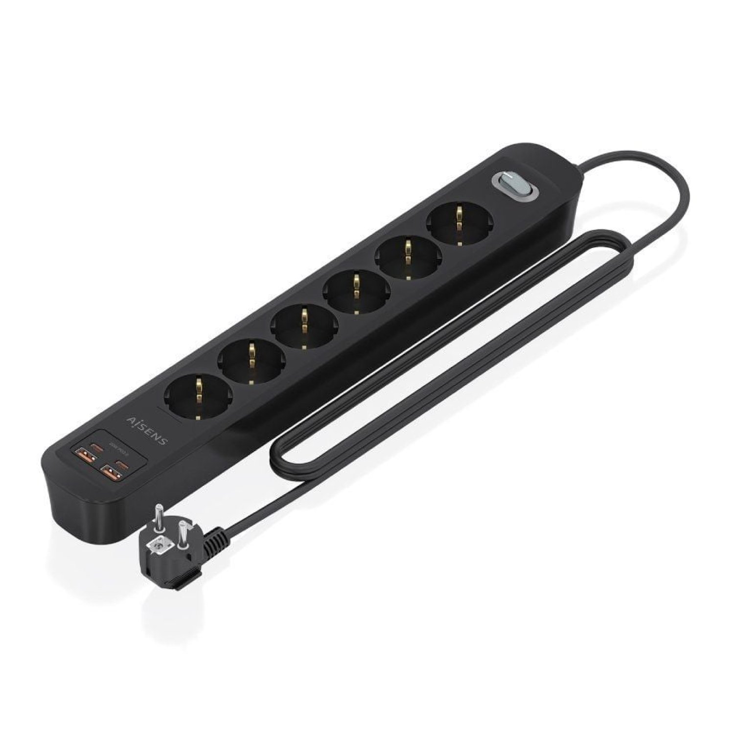 Aisens · Regleta con Interruptor · 6 Tomas + 2 USB + 2 USB-C · Cable 1,4m · Negro