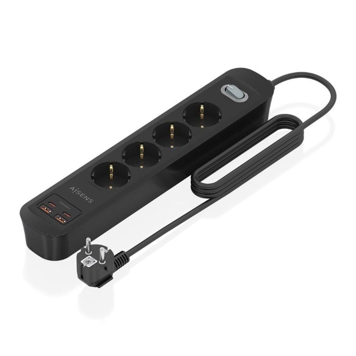 Aisens · Regleta 4 Tomas + 2 USB + 2 USB-C · Cable 1,4m · Negro