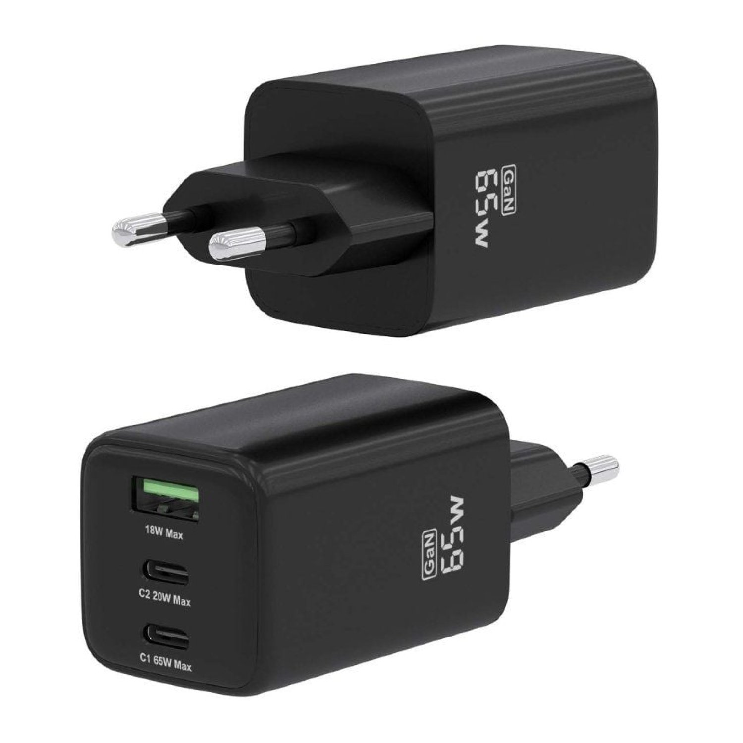 Aisens Cargador de Pared GaN · 65W · 2x USB-C + 1x USB · Negro