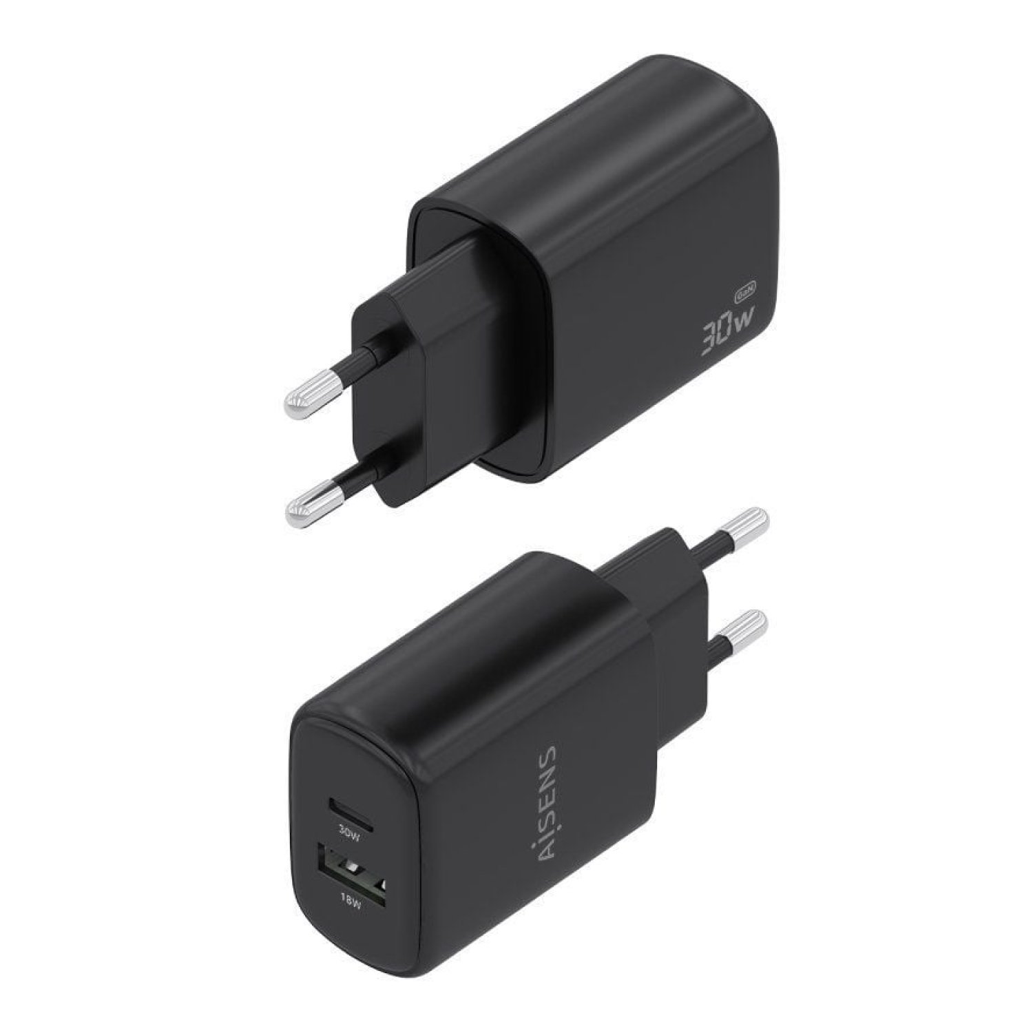 Aisens · Cargador GaN 30W · USB-C + USB · Negro