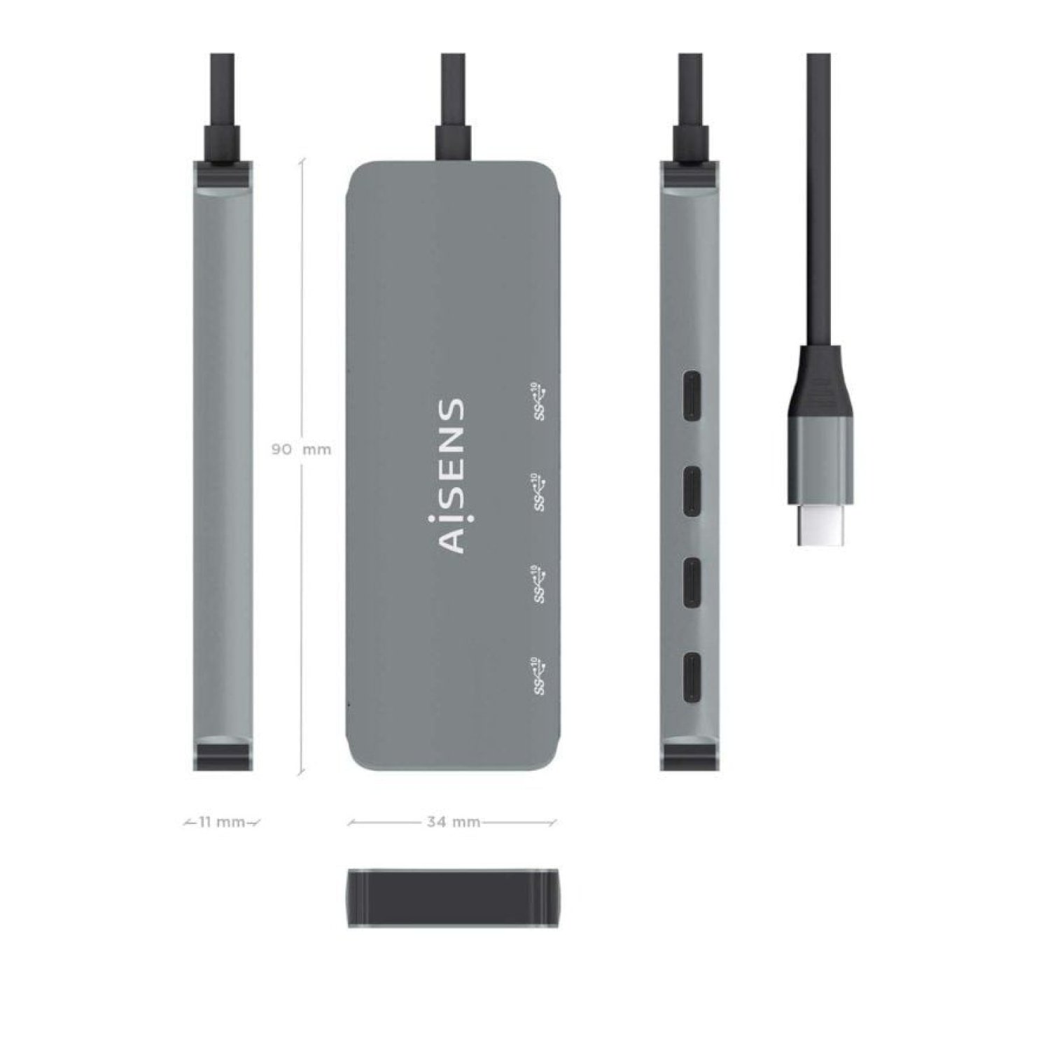 Aisens Hub USB Tipo-C · 4 Puertos Tipo-C · Gris