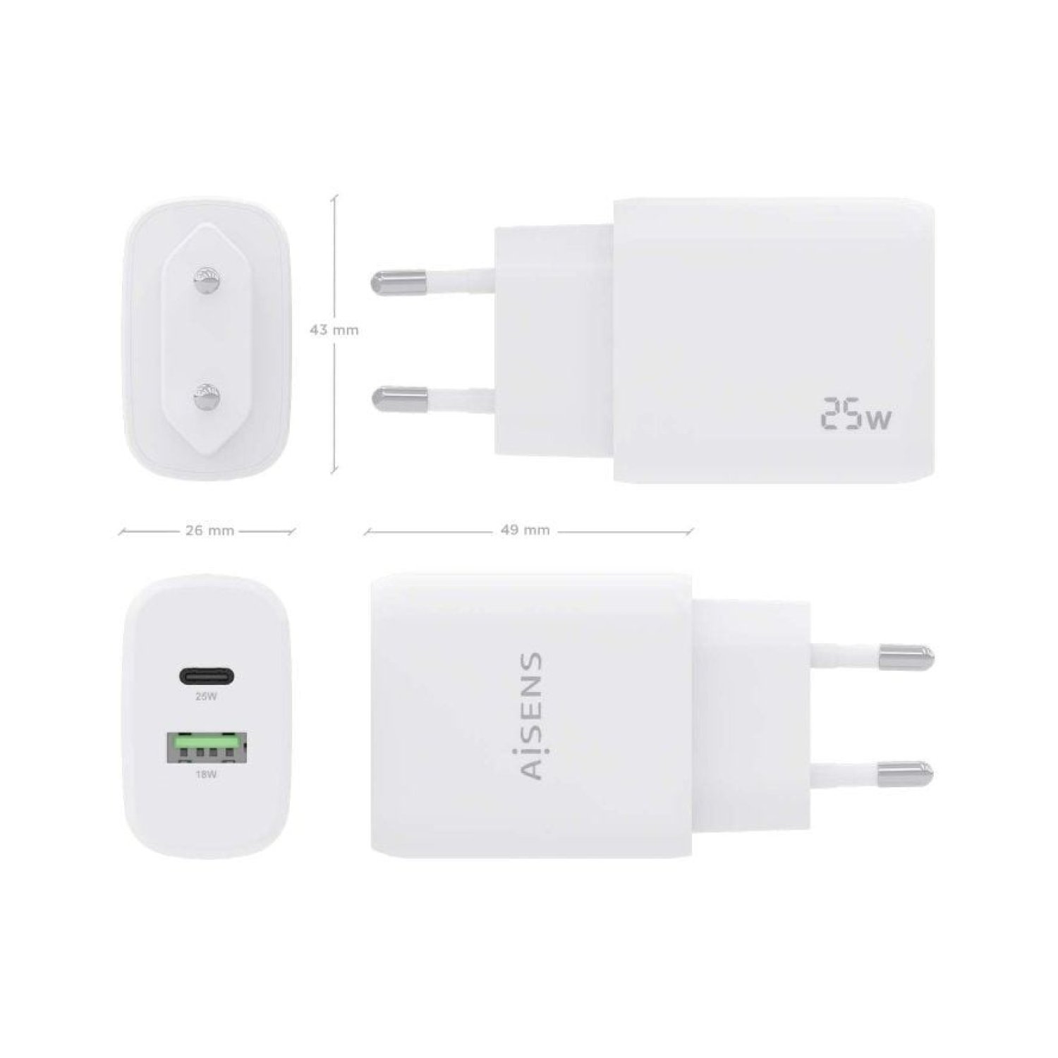 Aisens Cargador de Pared · 25W · 1 USB Tipo-C · 1 USB