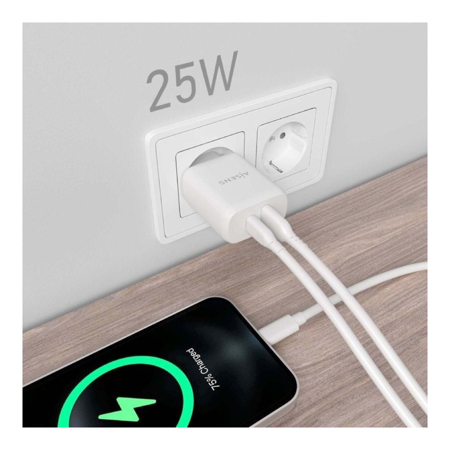 Aisens Cargador de Pared · 25W · 1 USB Tipo-C · 1 USB