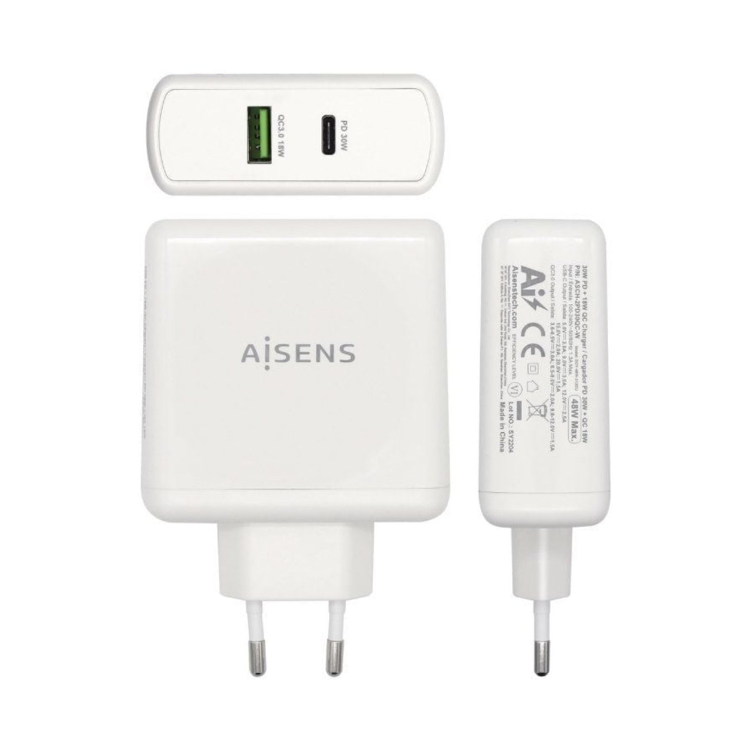Aisens · Cargador de Pared · 48W · USB-C + USB · Carga Rápida