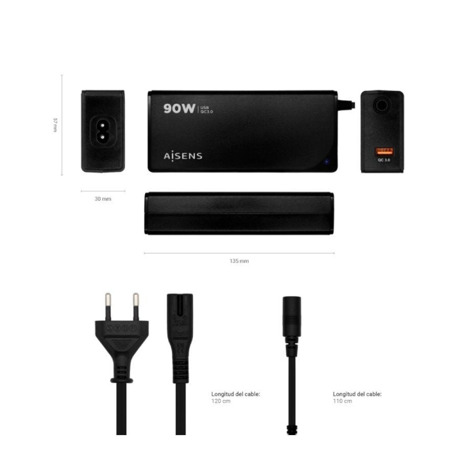 Aisens · Cargador Portátil 90W · 1xUSB · Automático · 12 Conectores · 15-20V