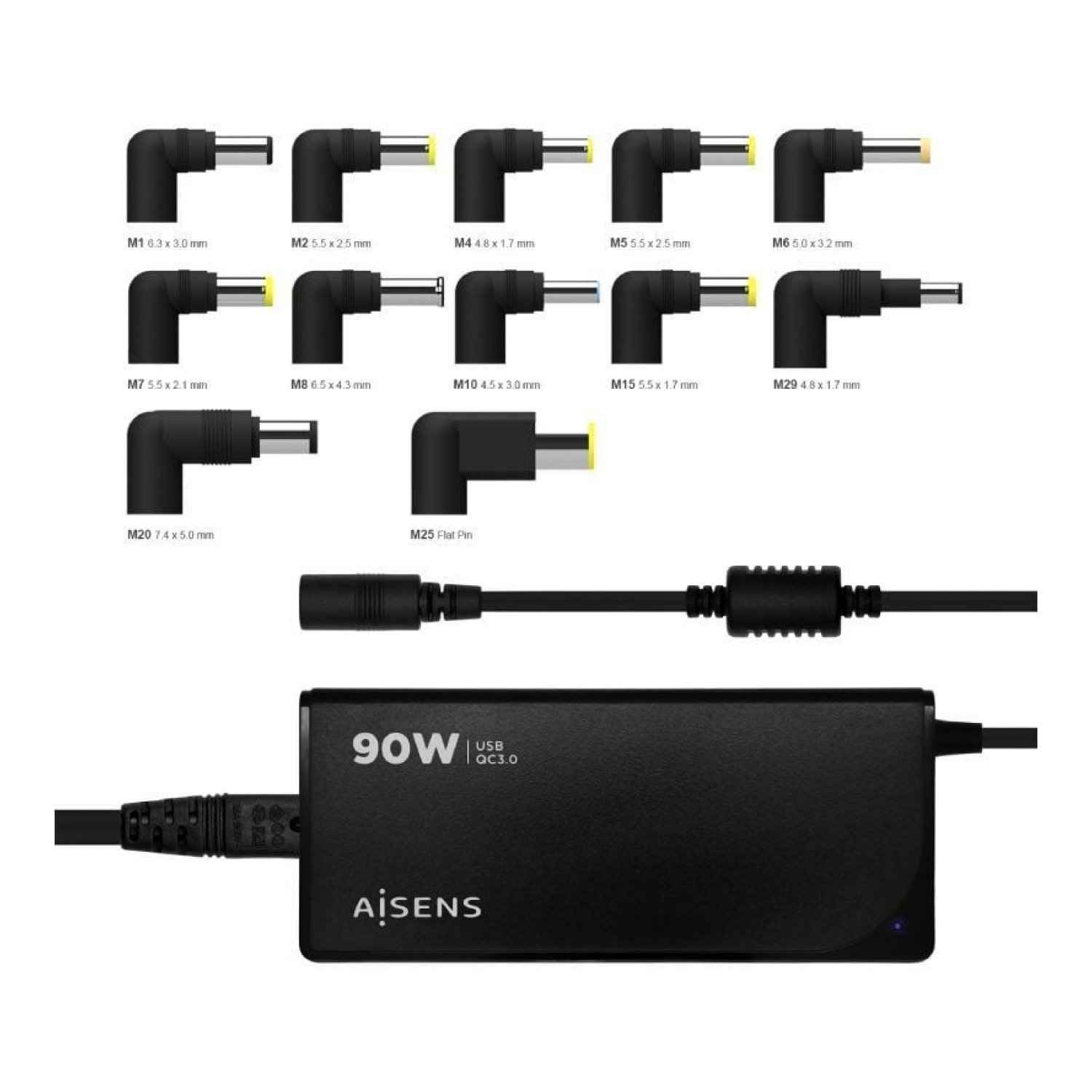 Aisens · Cargador Portátil 90W · 1xUSB · Automático · 12 Conectores · 15-20V