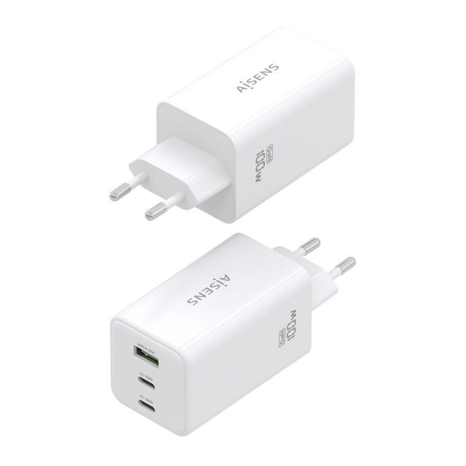 Aisens Cargador GaN 100W · 2 USB-C · 1 USB · Pared