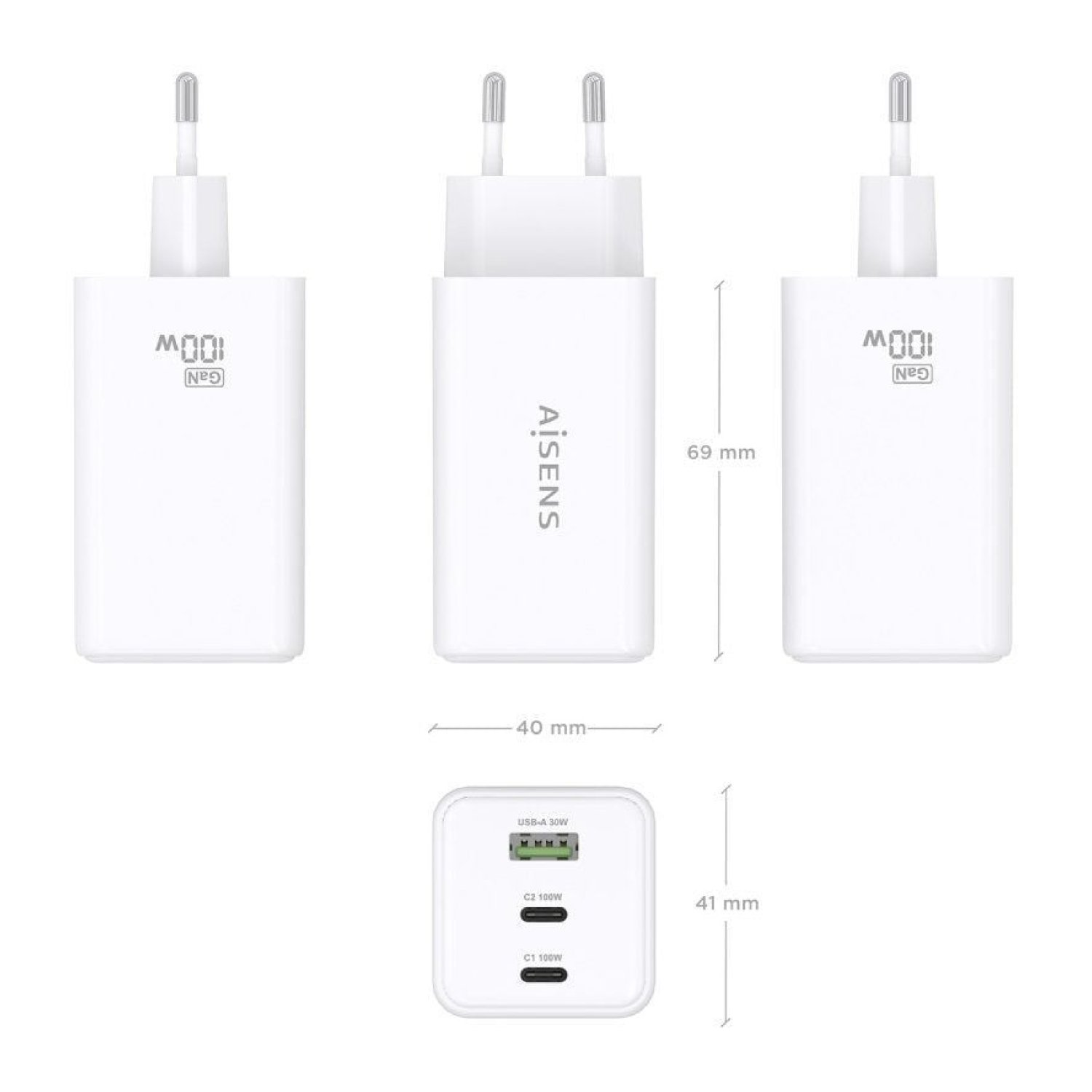 Aisens Cargador GaN 100W · 2 USB-C · 1 USB · Pared