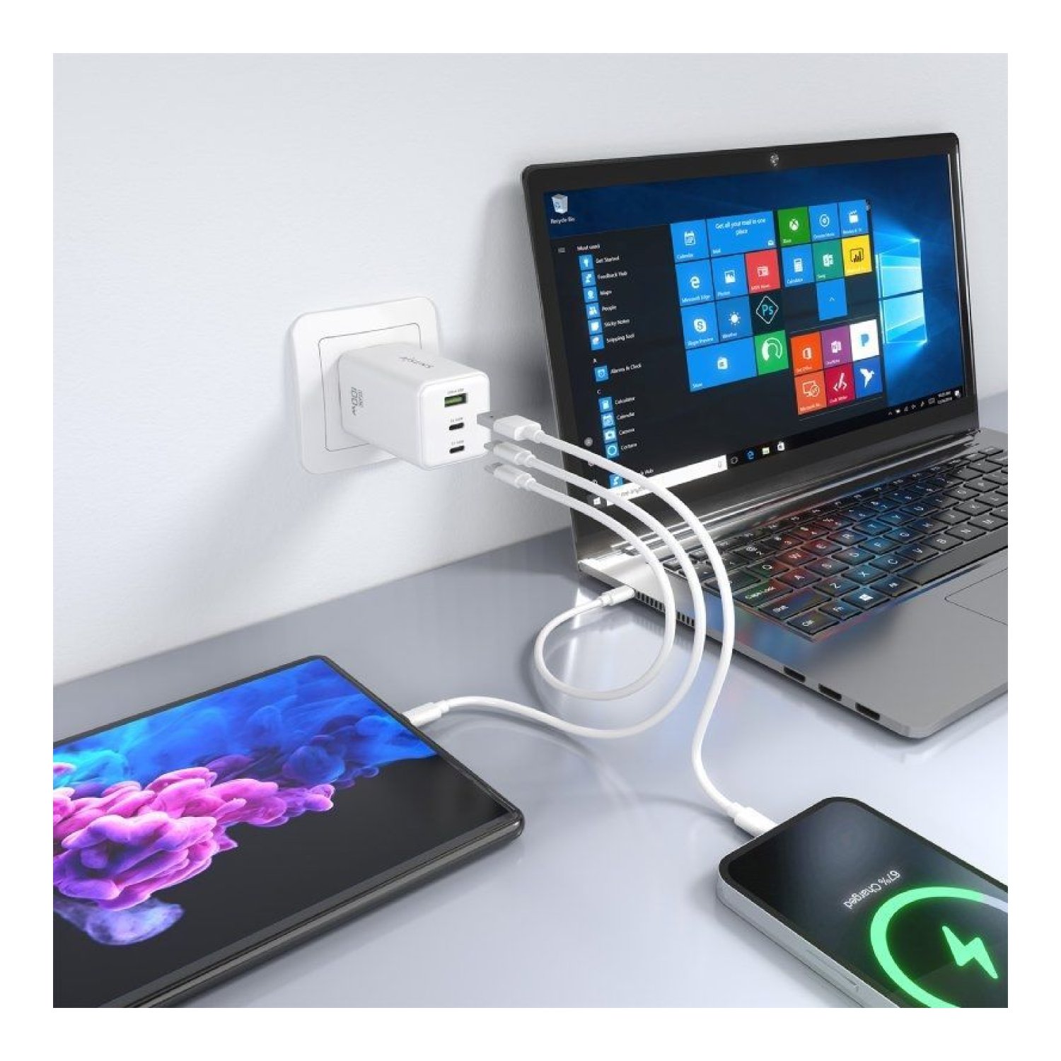 Aisens Cargador GaN 100W · 2 USB-C · 1 USB · Pared