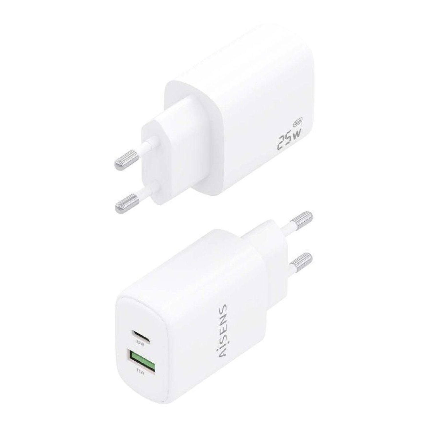 Aisens Cargador GaN · 25W · 1xUSB-C · 1xUSB · Blanco