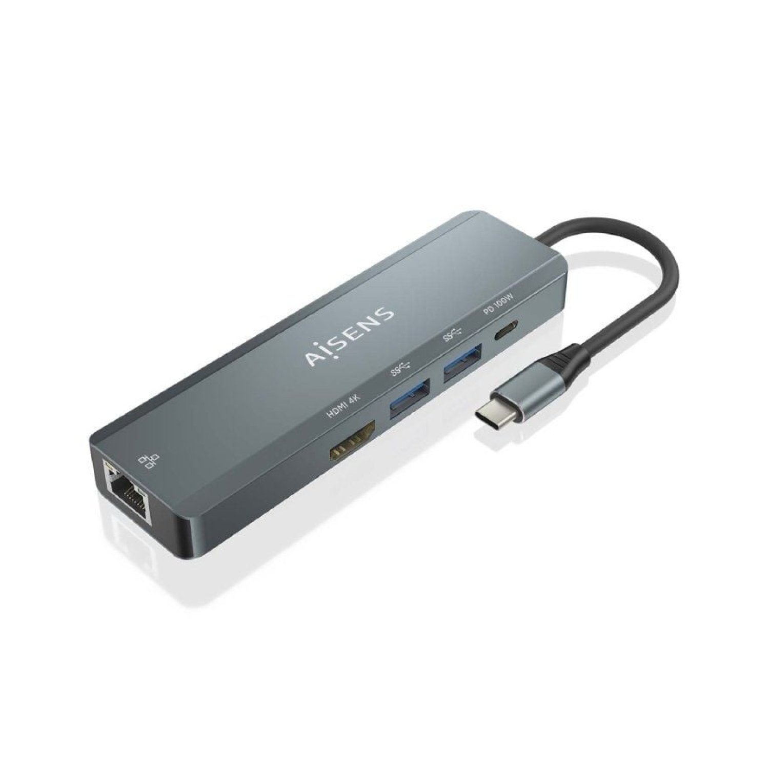 Aisens Docking USB Type-C · HDMI 4K · 2 USB · RJ45 · PD · Gris