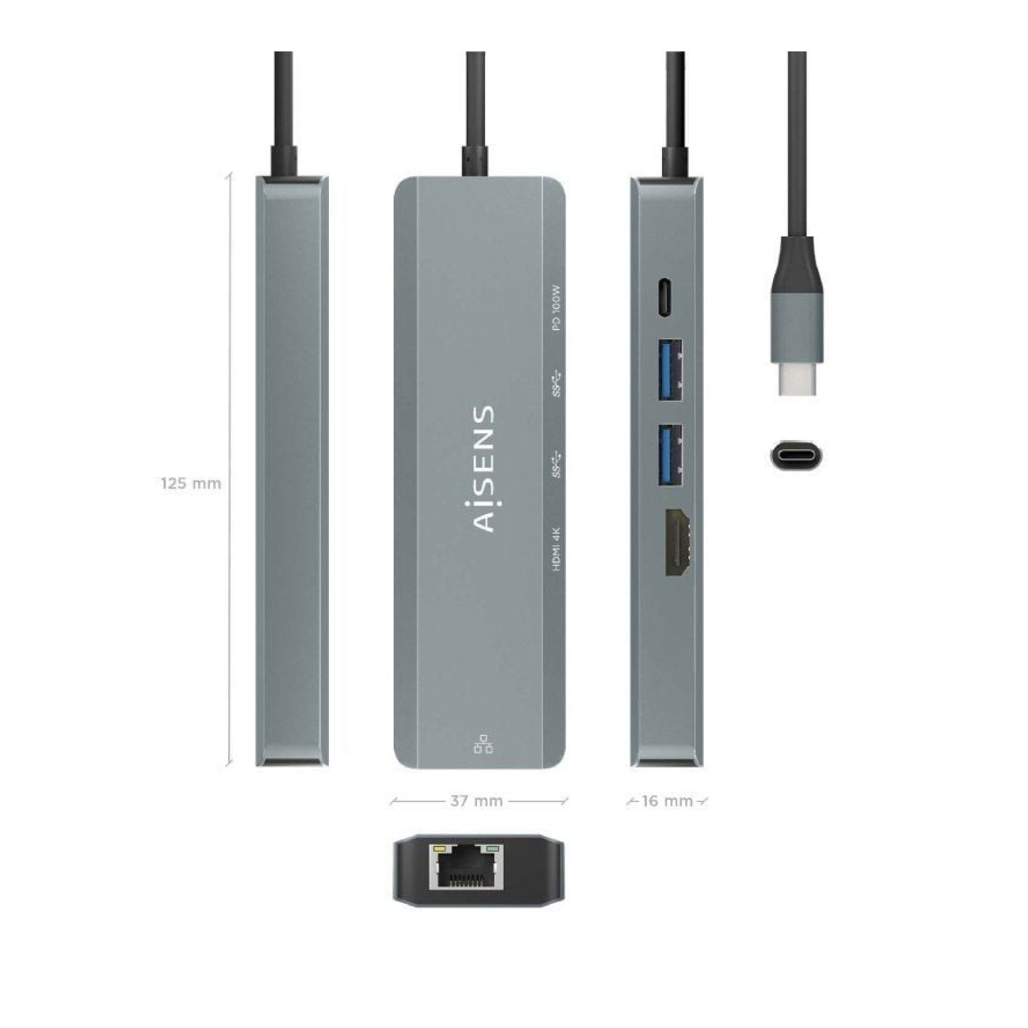 Aisens Docking USB Type-C · HDMI 4K · 2 USB · RJ45 · PD · Gris